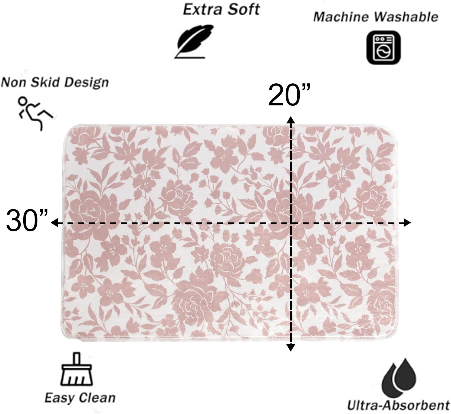 Pink Floral Mat for Bathroom Non Slip, Mauve Rose Fluffy Absorbent Microfiber Bath mat Washable, Aesthetic Bathroom Rugs, Cute Bath mat for Shower Sink, 20" x 30" - Image 2