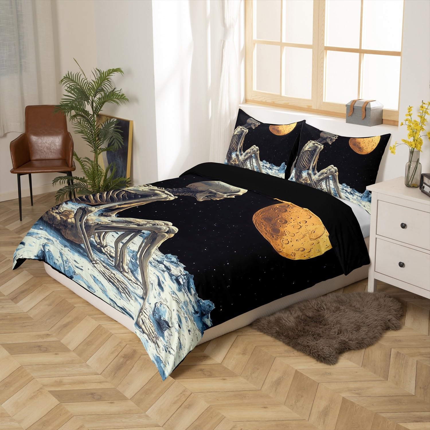 Gothic Skull Duvet Cover,Outer Space Skeleton Trippy Quilt Cover(No Filler),Starry Moon Sky Galaxy Planet Glitter Bedding Set with 1 Pillowcase,Kids Room Decor,Toddler Size