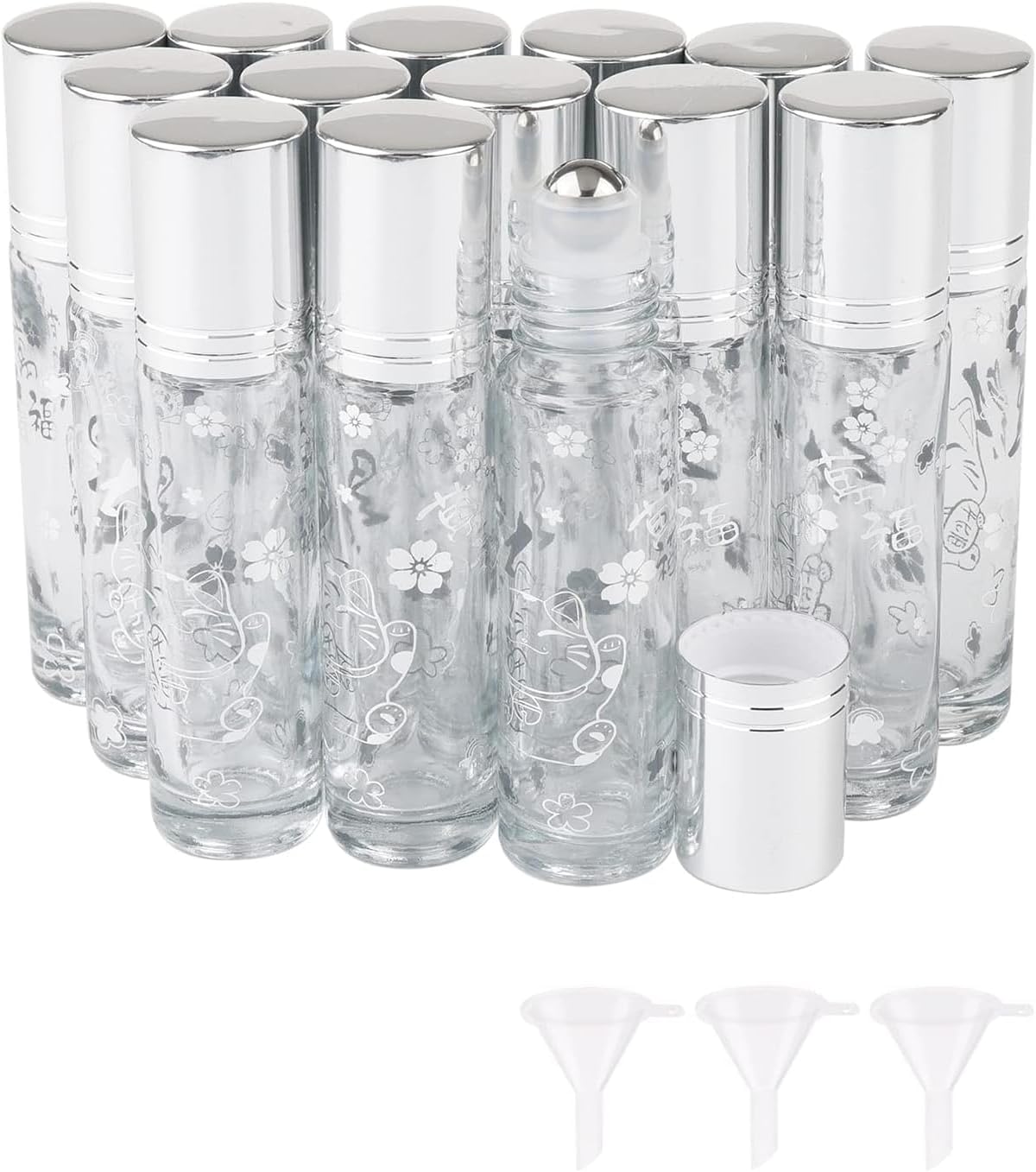 10ml Glass Roller Bottles for Essential Oils Roller Ball Applicator | Leak-Proof Refillable Roll On Bottles with Smooth Rollerball & Funnels, Lucky Cat, Flowers, 14Pcs, Gold Caps