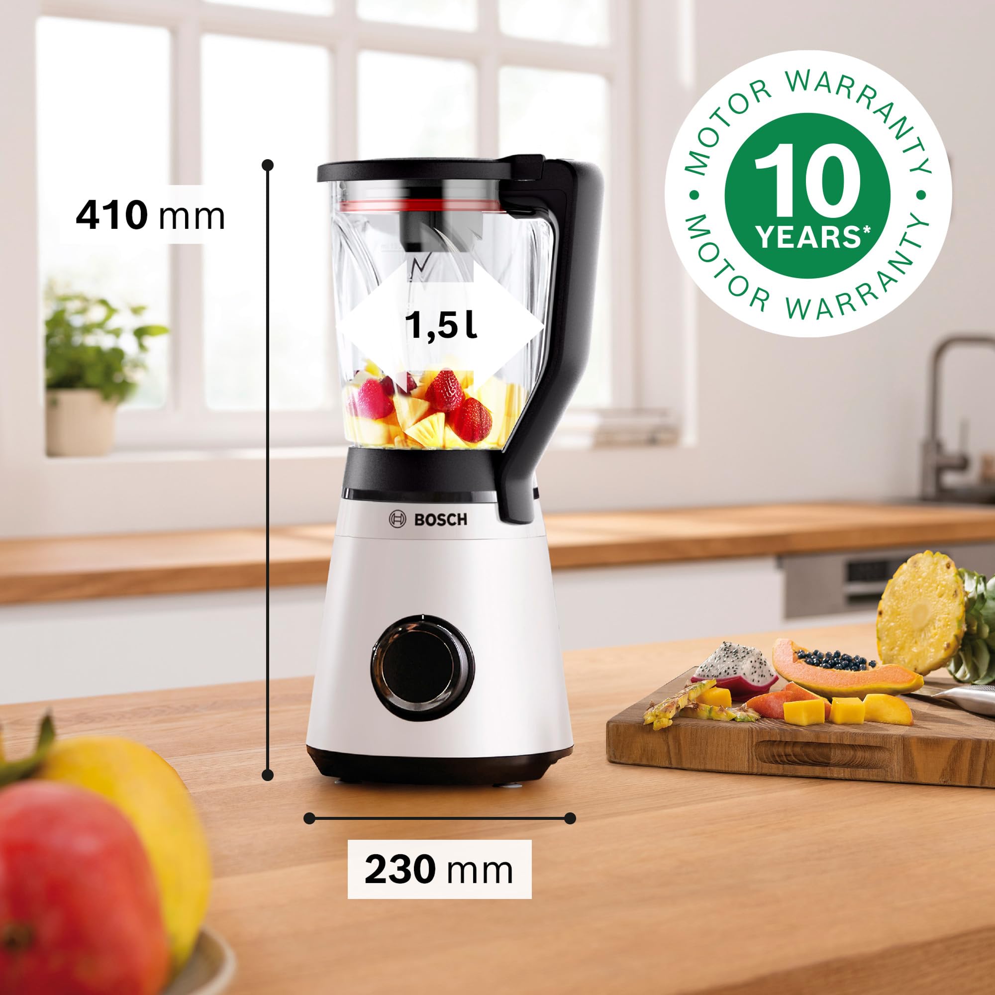 Bosch Serie 4 Frullatore VitaPower MMB4151W, Potente 1200 W, 30.000 giri/min, Lame Rinforzate in Acciaio Inox, Bicchiere Frullatore in Tritan da 1.5 L, Componenti Lavabili in Lavastoviglie, Bianco