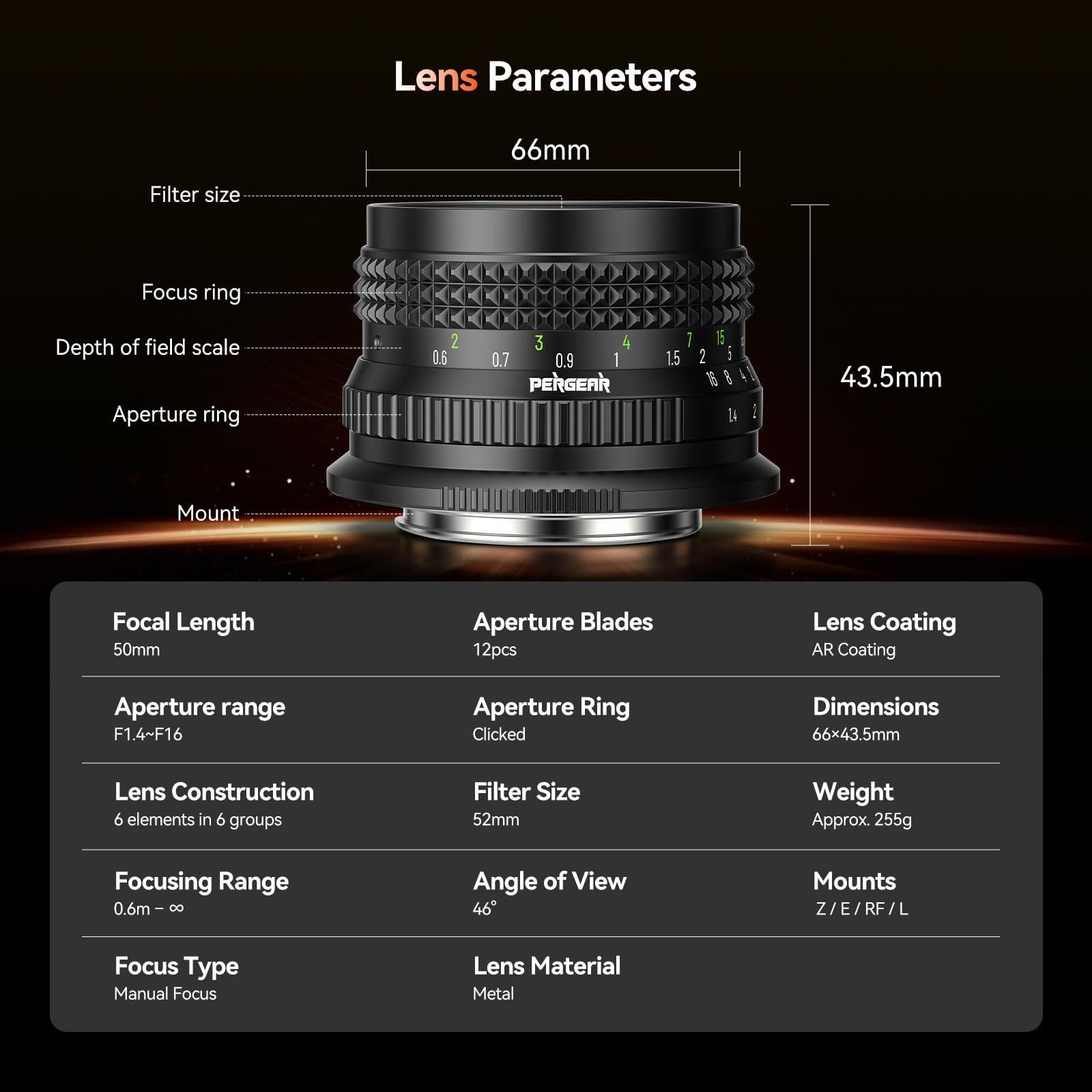 PERGEAR Objetivo de formato completo F1.4 de 50 mm con enfoque manual para cámaras Canon RF | Lente de retrato potente para fotografía similar a una película, ángulo de visión de 46°, compacto y