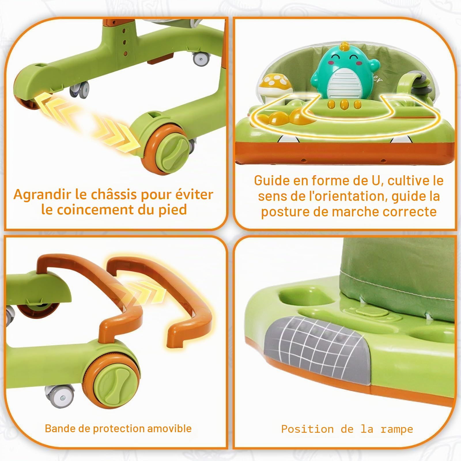 Trotteur pour Bébé Dinosaure Avec Jouets Musicaux,Repose-pieds,Hauteur Réglable,6 Roues Silencieuses À 360°,Avec Aide Au Freinage,Trotteur Adapté Aux Bébés À Partir De 0+