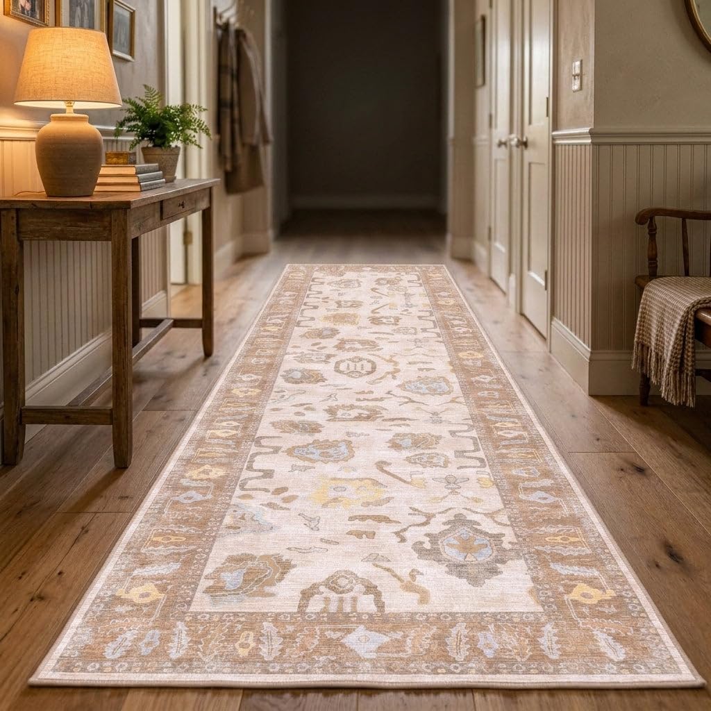 Fame Rugs Brown Modern Oushak Rug 2'6"x7', Washable Vintage Turkish Colorful Oriental Antique Inspired Foldable Small Runner Rugs, Luxury Living Room Bedroom (383BB, 2'6" x 7')