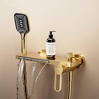 MocArt N502 - Grifo de baño de cobre completo con control de frío y calor, montaje en pared, ducha de mano con 3 niveles y salida de cascada, ideal para remodelación y modernización de baños (dorado)