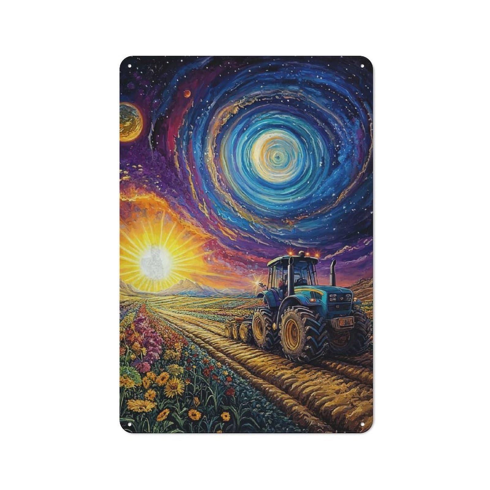 Junmoney Style Retro Metal Wall Sign 30X20cm Featuring Tractor Under Cosmic Sky For Pub Or Café, For Garage, Workshop And Man Cave Decoration