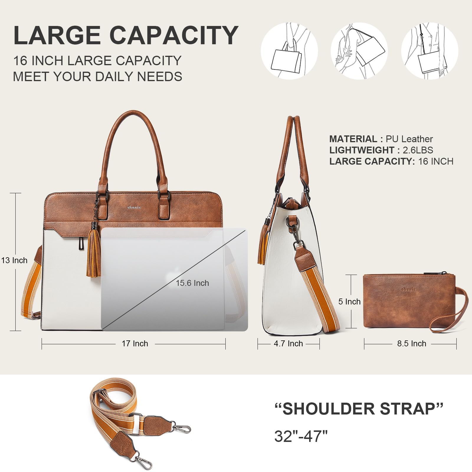 Shrrie 15,6 pouces sac pour ordinateur portable pour les femmes,Sac de travail résistant à l'eau sac portable,Valise avec sac à main