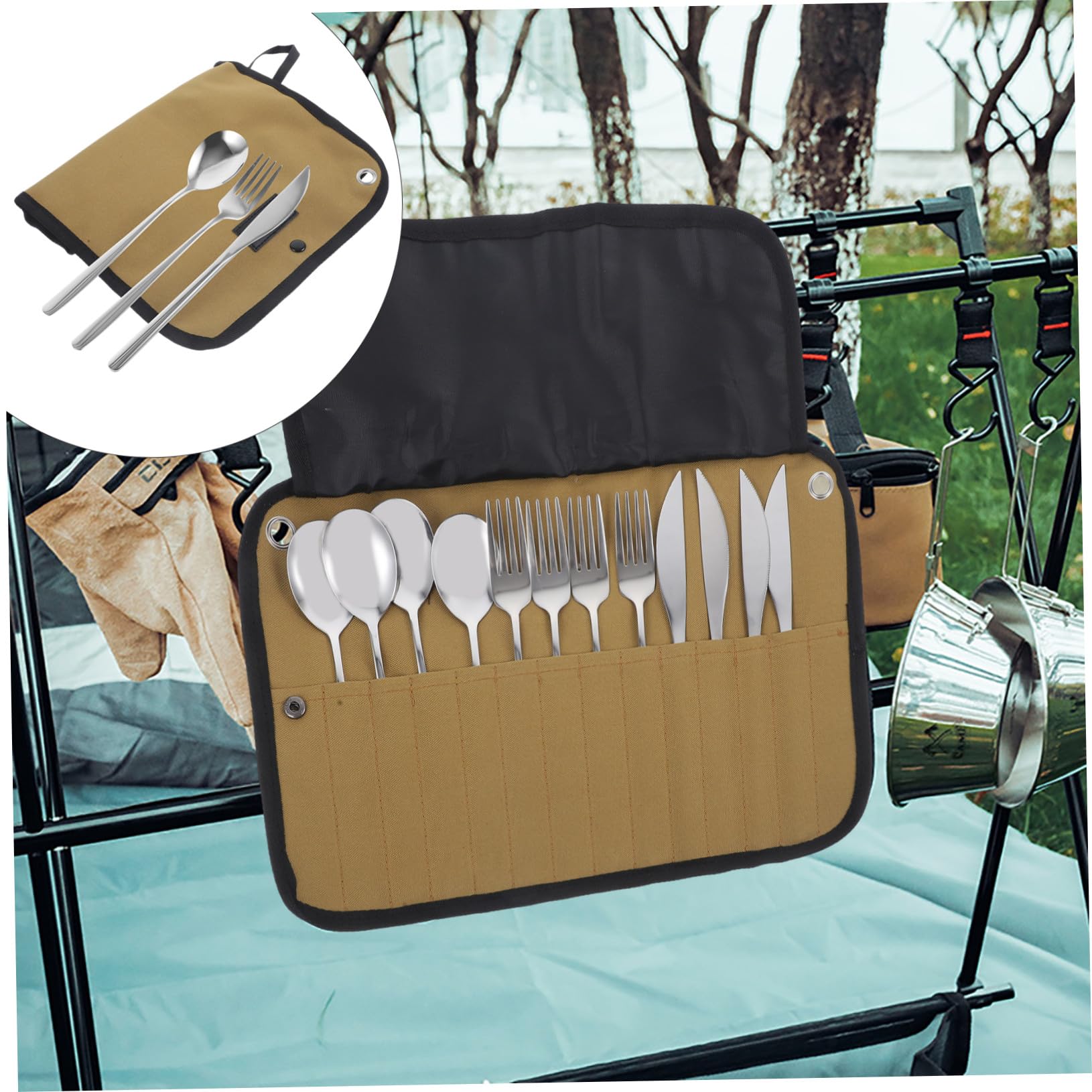 Camping Besteckset mit Organizer Tasche Mehrfunktionale Picknick Utensilien aus Nylon Leichtes Outdoor Geschirrset für Wandern Camping Grillen und Reise