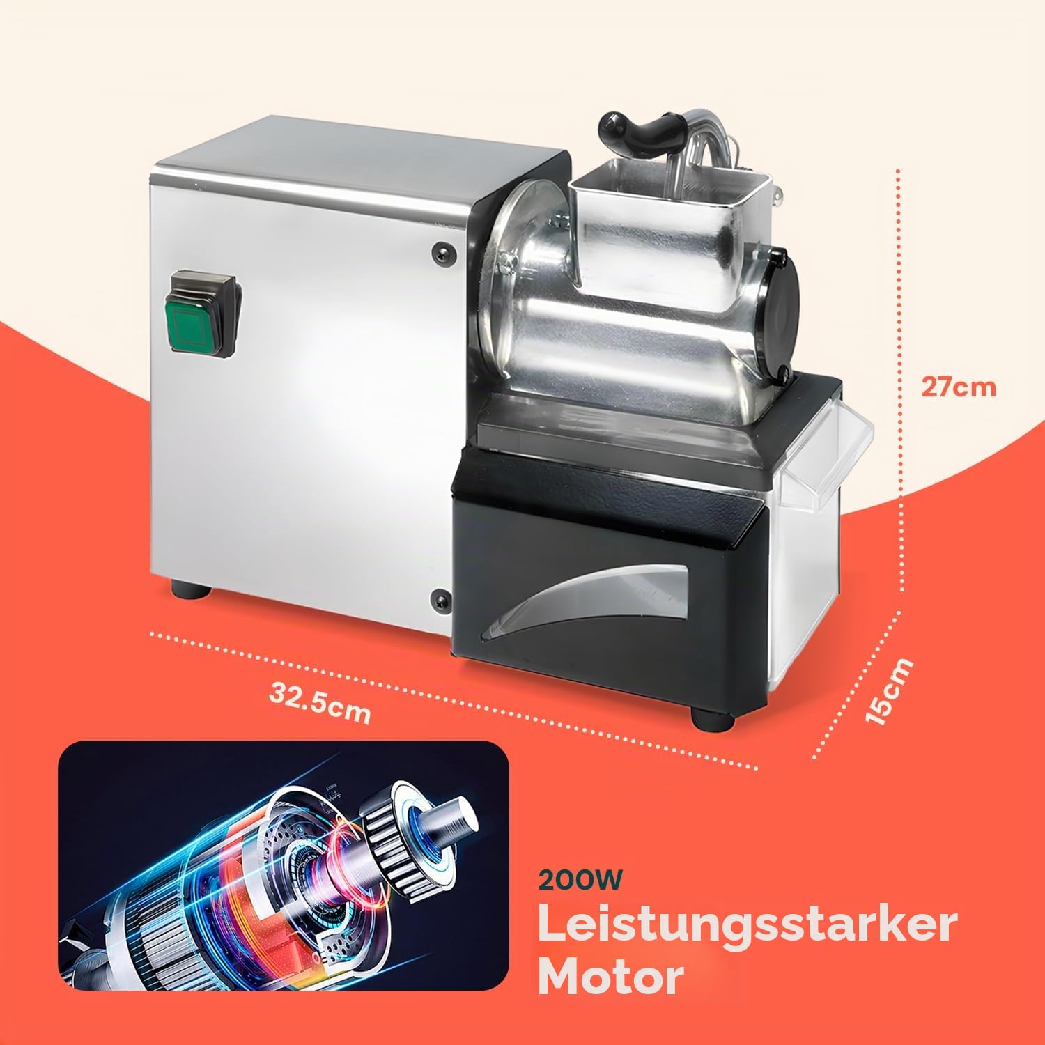 Avilia Professionelle elektrische Käsereibe aus Edelstahl, 200 W, ideal für Käse, Schokolade, Brot, verstellbarer Schnitt, 32,5 × 15 cm, hergestellt in Italien