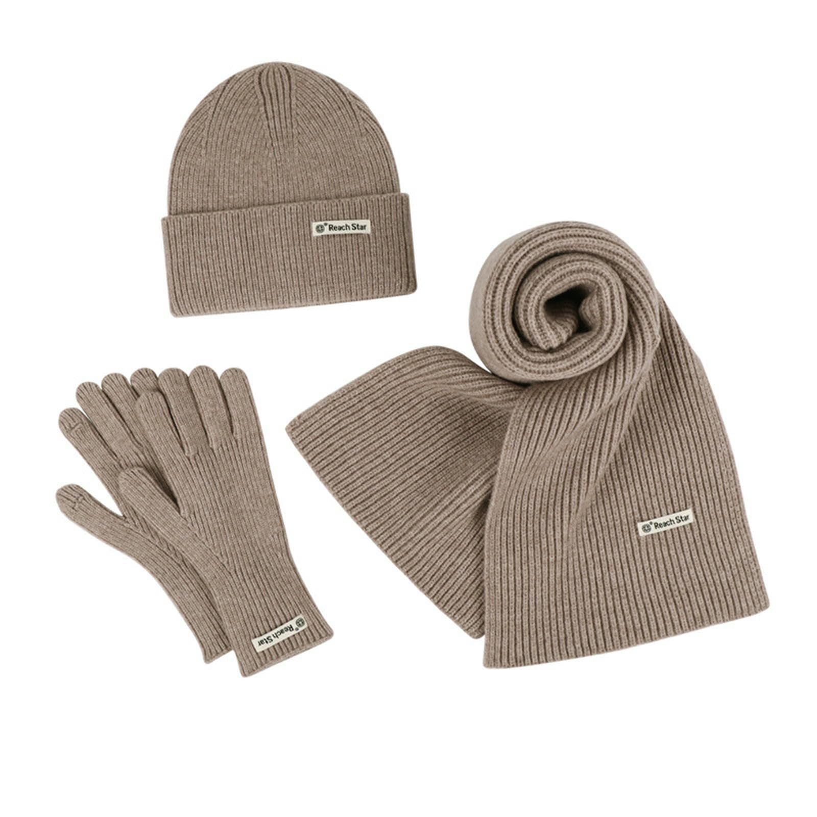 Wintermütze Schal Handschuhe Set Einfarbige Strickmütze, Winterwarme Dicke Wollmütze, Und Handschuhe-Set-Leuchtend Rot