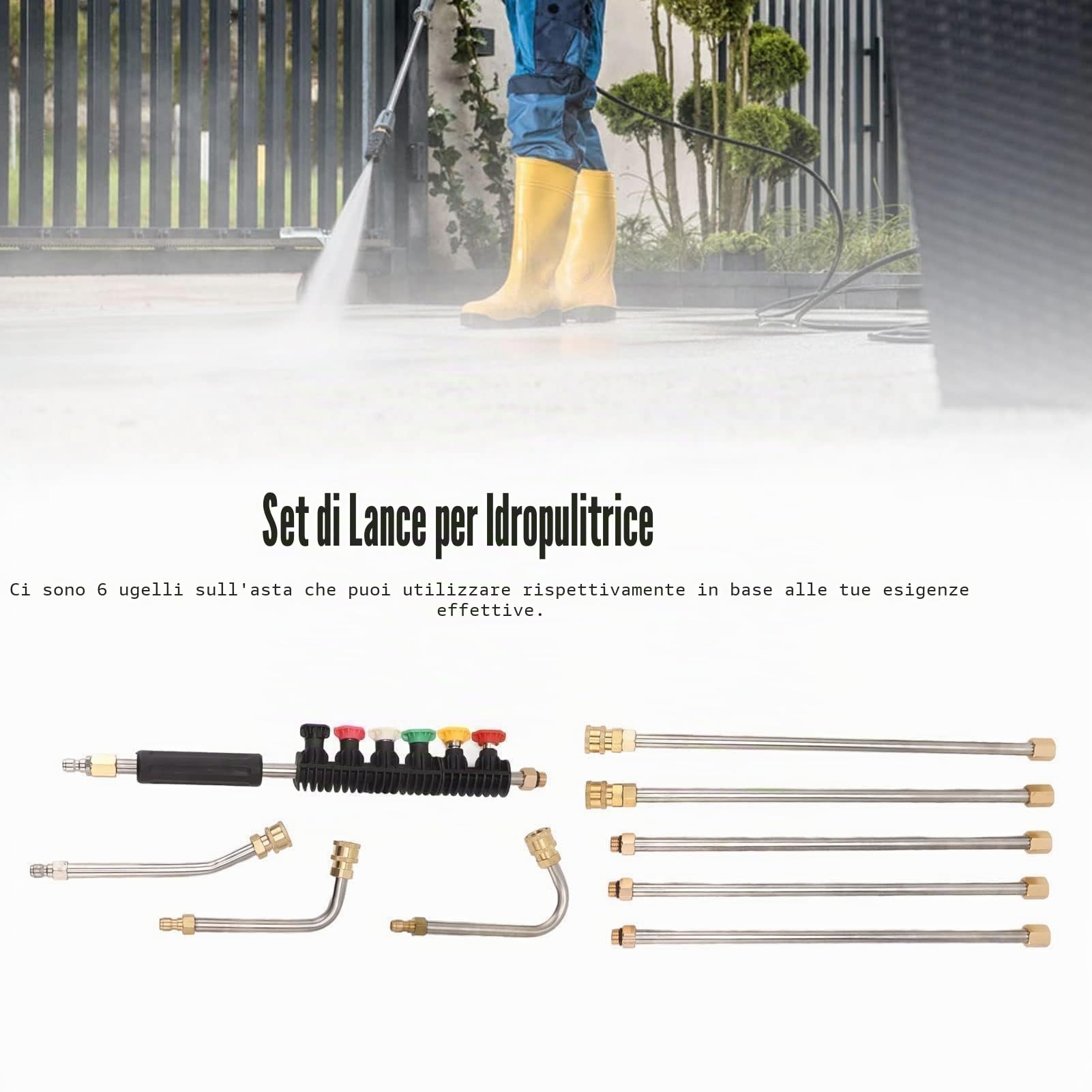 ad Alta Pressione per Idropulitrice, Kit di Prolunga con 6 Ugelli, Attacco Rapido da 1/4 Pollici per Pulizia Grondaie
