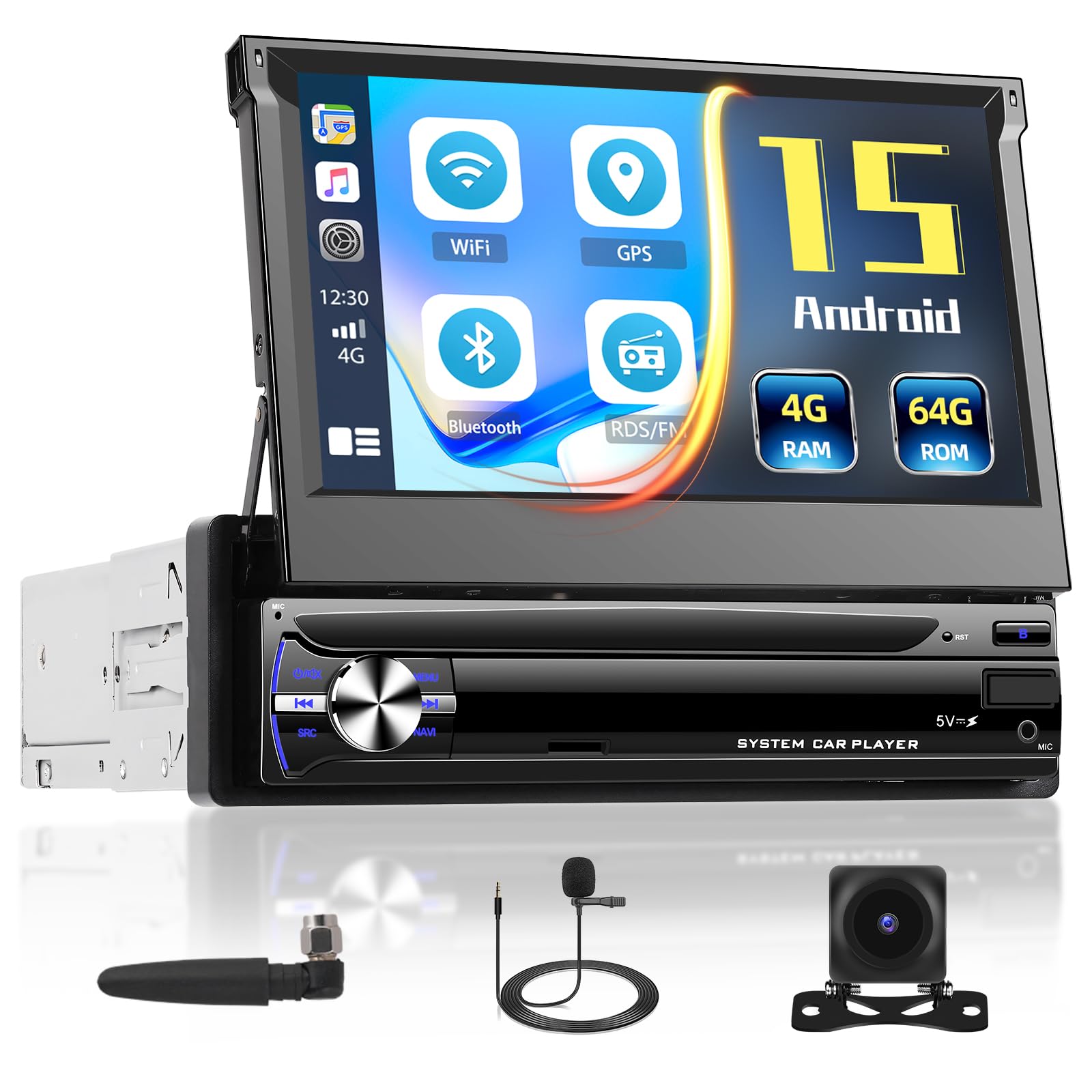 [4+64G] Inefala Autoradio 1 DIN con Pantalla Retráctil de 7 Pulgadas, Radio Coche Bluetooth 1 DIN con GPS Navi WiFi Carplay inalámbrico Android Auto RDS/FM Cámara Trasera Mic