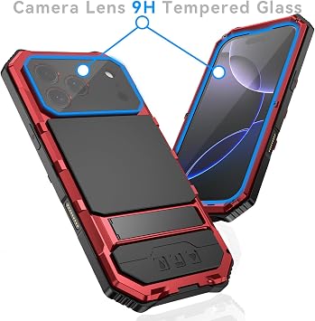 Simicoo ミリタリーメタルヘビーデューティーケース iPhone 17 Pro Max用 落下保護 頑丈なディフェンダー メタルバンパースクリューケース スタンド付き ゴリラガラスカメラカバー フルボディ防塵保護カバー レッド