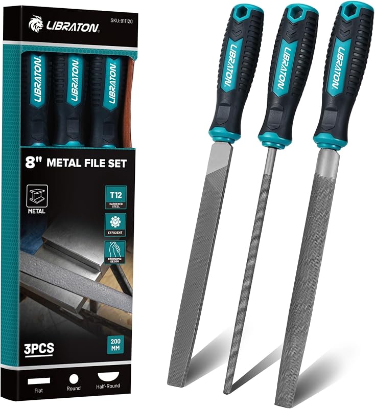 LIBRATON Metal File, 3PCS Metal File Set, 8" Multi-Shape Files for Metal