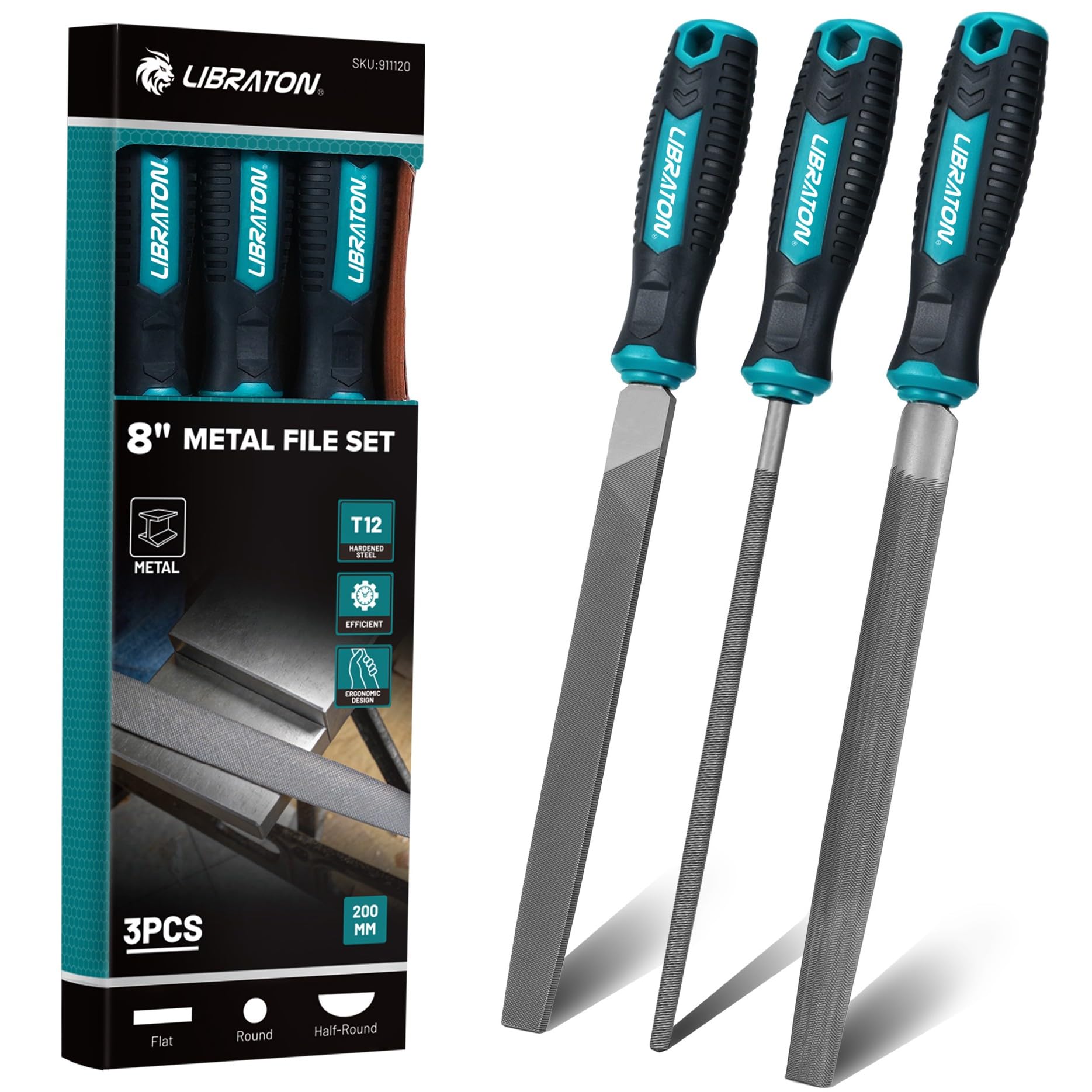 LIBRATON Metal File, 3PCS Metal File Set, 8" Multi-Shape Files for Metal