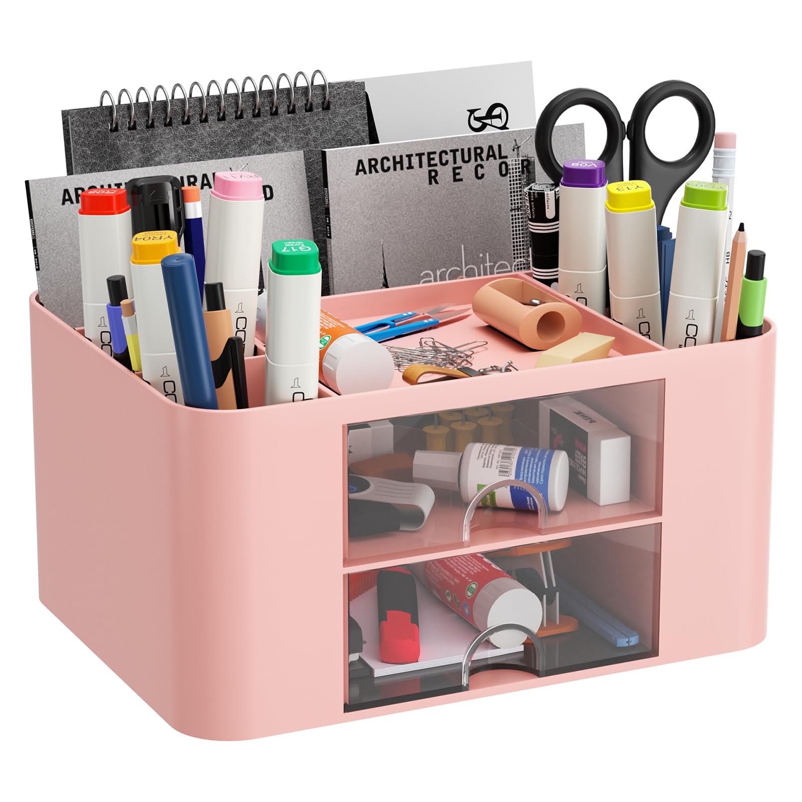 Senders Desk Organiser with 2 Drawers Tidy Storage Box with Pen Holder Desktop Stationary Organiser for School Office Home Makeup Desk Supplies Practical and Stylish Storage Solution (Pink)