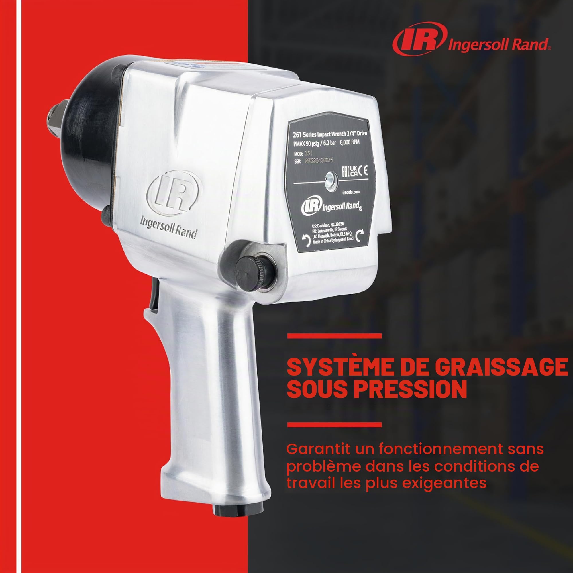 Ingersoll-Rand Clé à chocs pneumatique à usage super intensif 3/4" 261, avec broche standard, performances durables | Dispose d'un couple inverse jusqu'à 1,627 N·m, idéal pour le montage, le démontage et la suspension