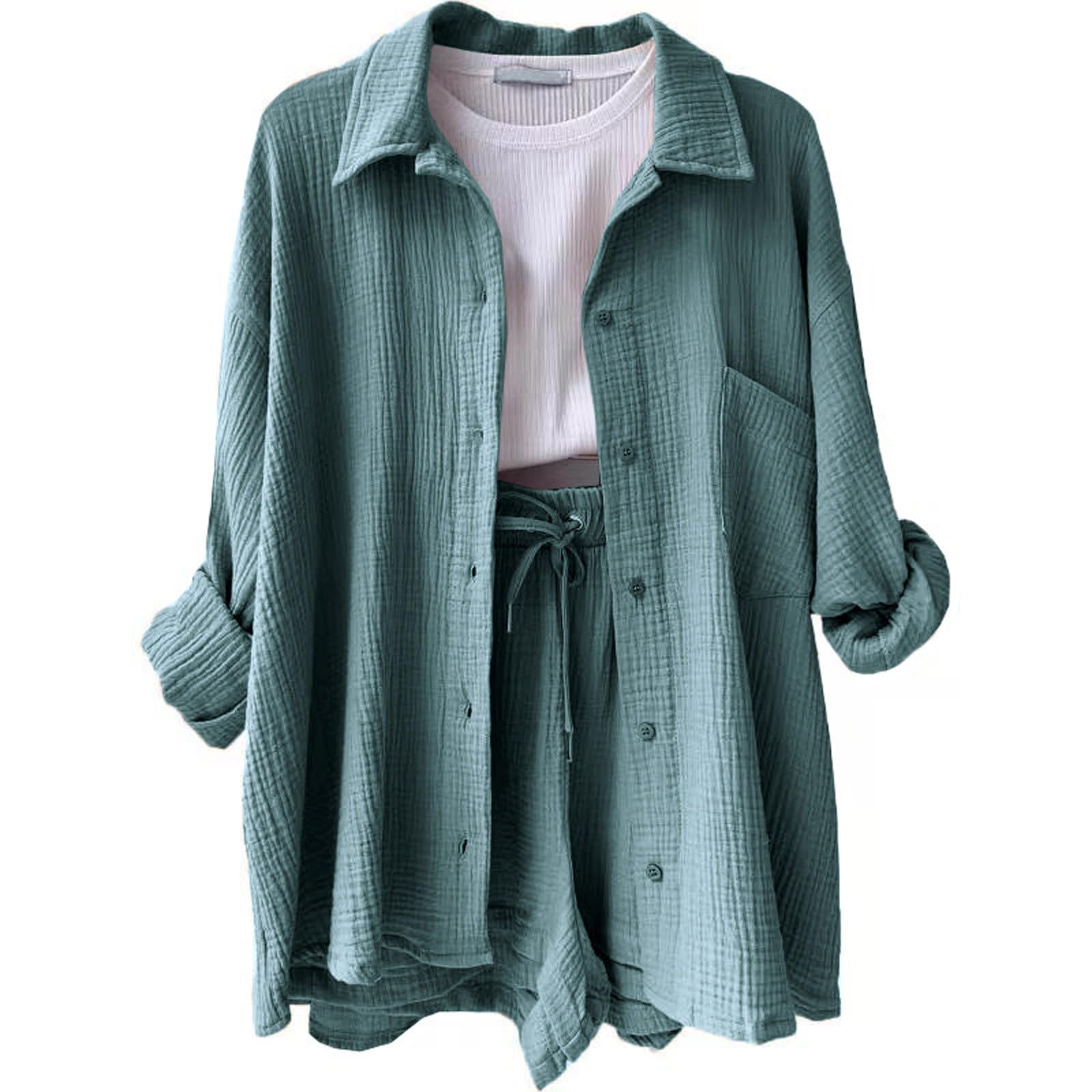 Zweiteiler Damen Sommer, Musselin Bluse Set Elegant Einfarbig Bluse Hemd Und Shorts 2 Teiler Lounge Set Y2K Clothes Baumwolle Sportanzug Oversize Freizeitanzug Hausanzug Outfits Für Strand Urlaub