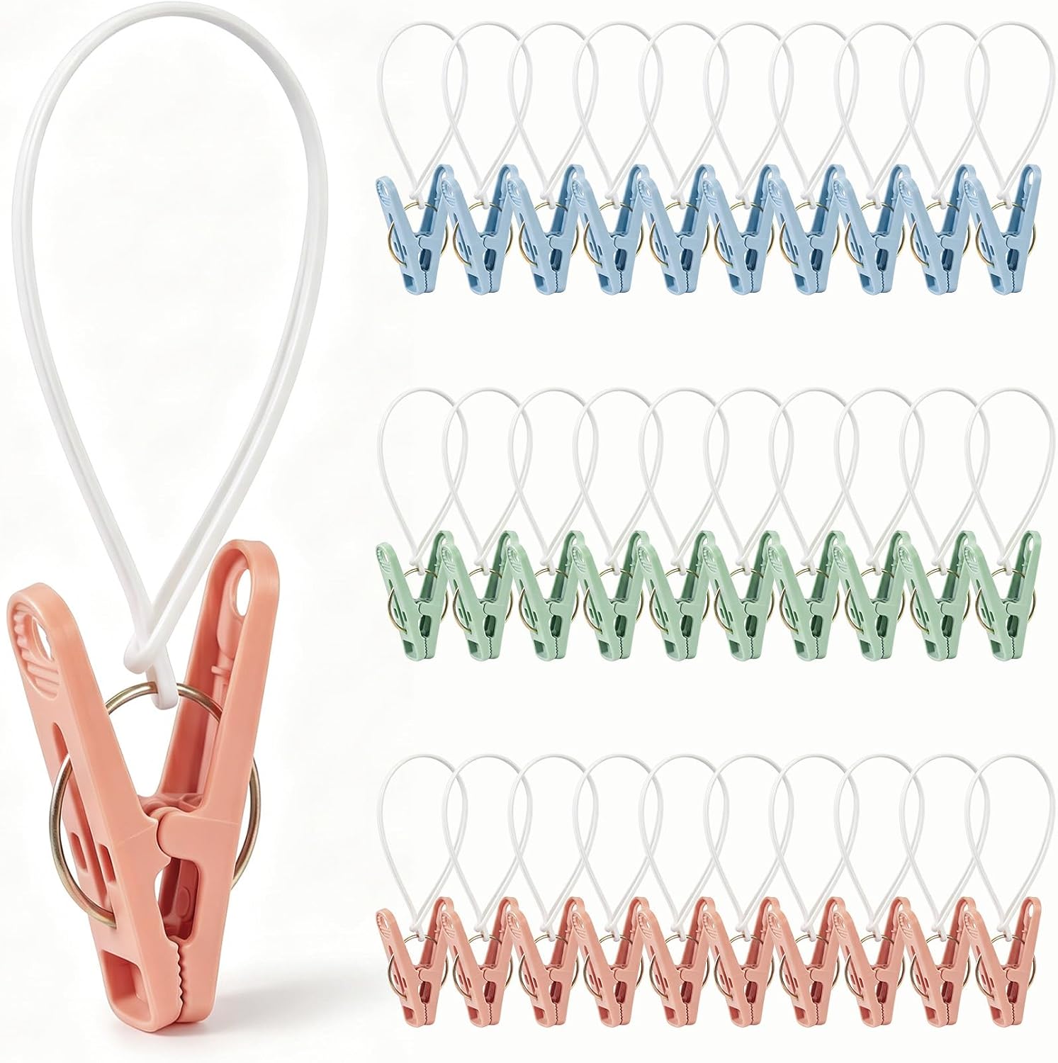 30 Pack Multi-Purpose Laundry Hanging Clips with Plastic Rope, Strong Grip Clothes Pins for Pants Socks Bra Towel, Closet Organizer for Bathroom Wardrobe Baby Clothes Drying Rack (White)