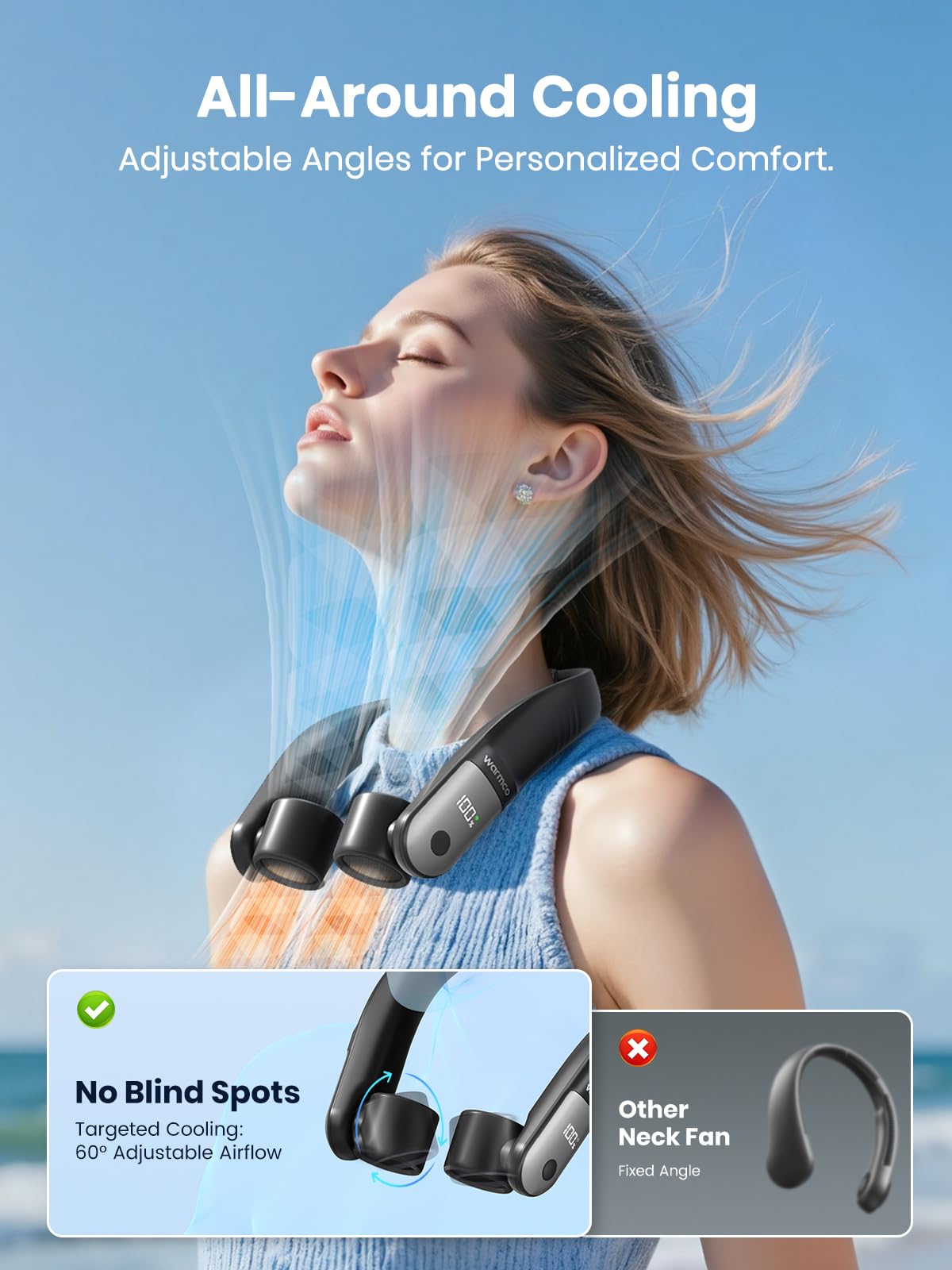 Warmco Halsventilator 10000mAh mit 60° Verstellbarem Luftauslass, 30 Std. Lange Laufzeit, LED Display, 360° Surround Luftstrom, 4 Stufen, Leiser Tragbarer Nackenventilator für Reisen, Büro, Outdoor