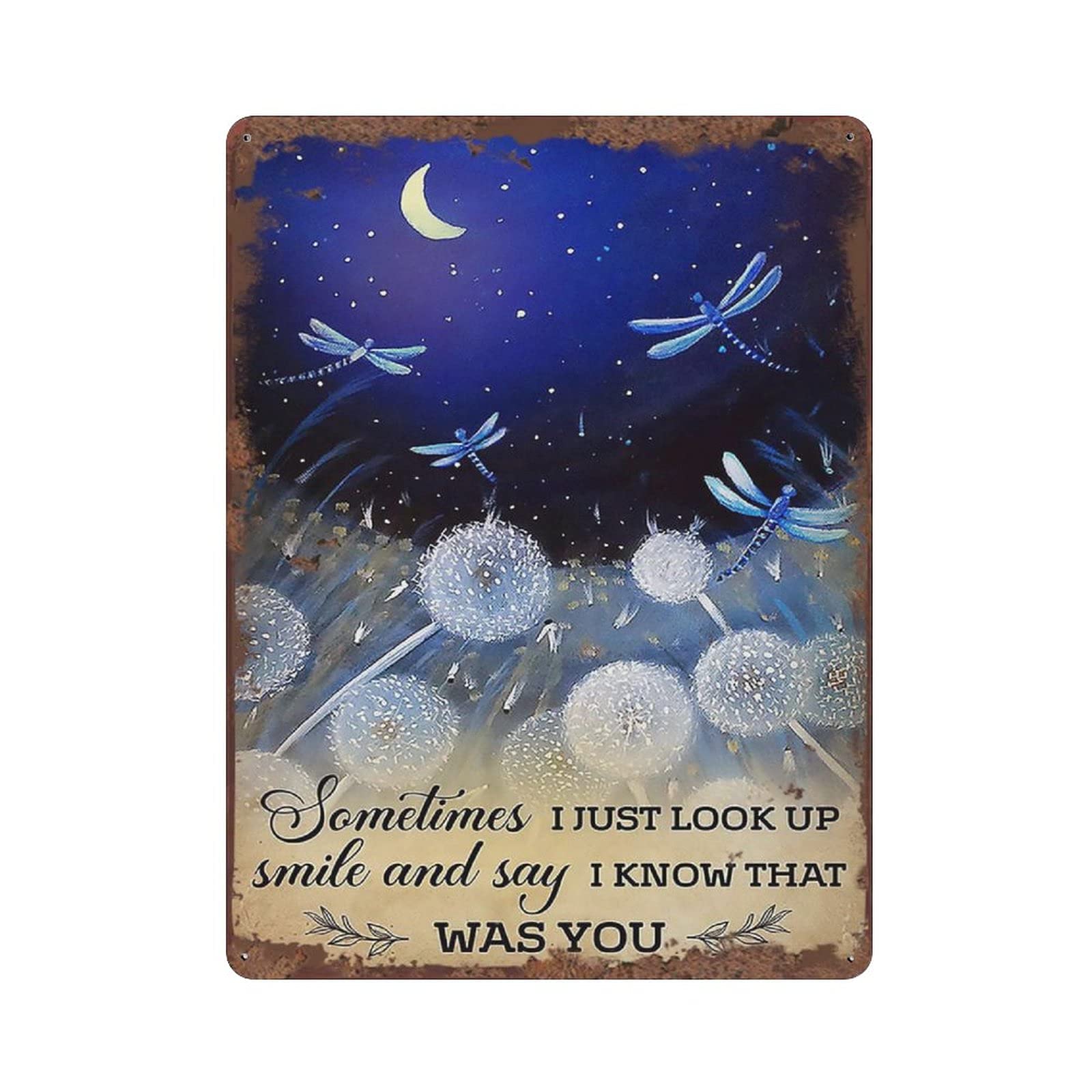 Dreacoss Look Up Smile and Say I Know Dragonfly Retro Tin Sign Dandelion Wall Art Decor Inspiring Quote Sign for Home Bedroom Bathroom Office Hotal Apartment Wall Decor Housewarming Gift 8x5.5 Inch