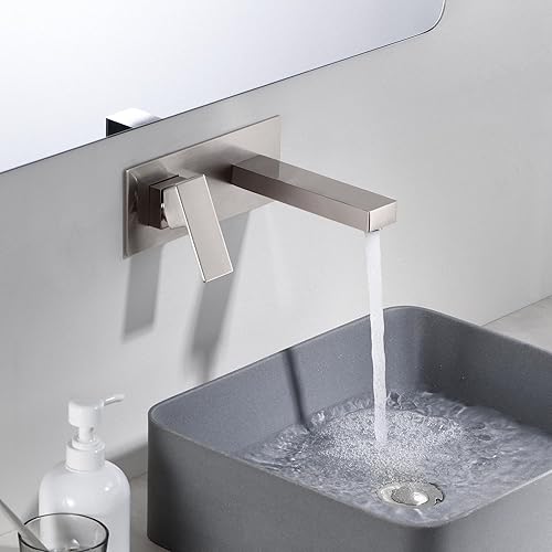 Vista 15 de SUMERAIN Grifo de lavabo de baño de montaje en pared, grifo de lavabo de níquel cepillado, manija única con válvula áspera cepillado níquel