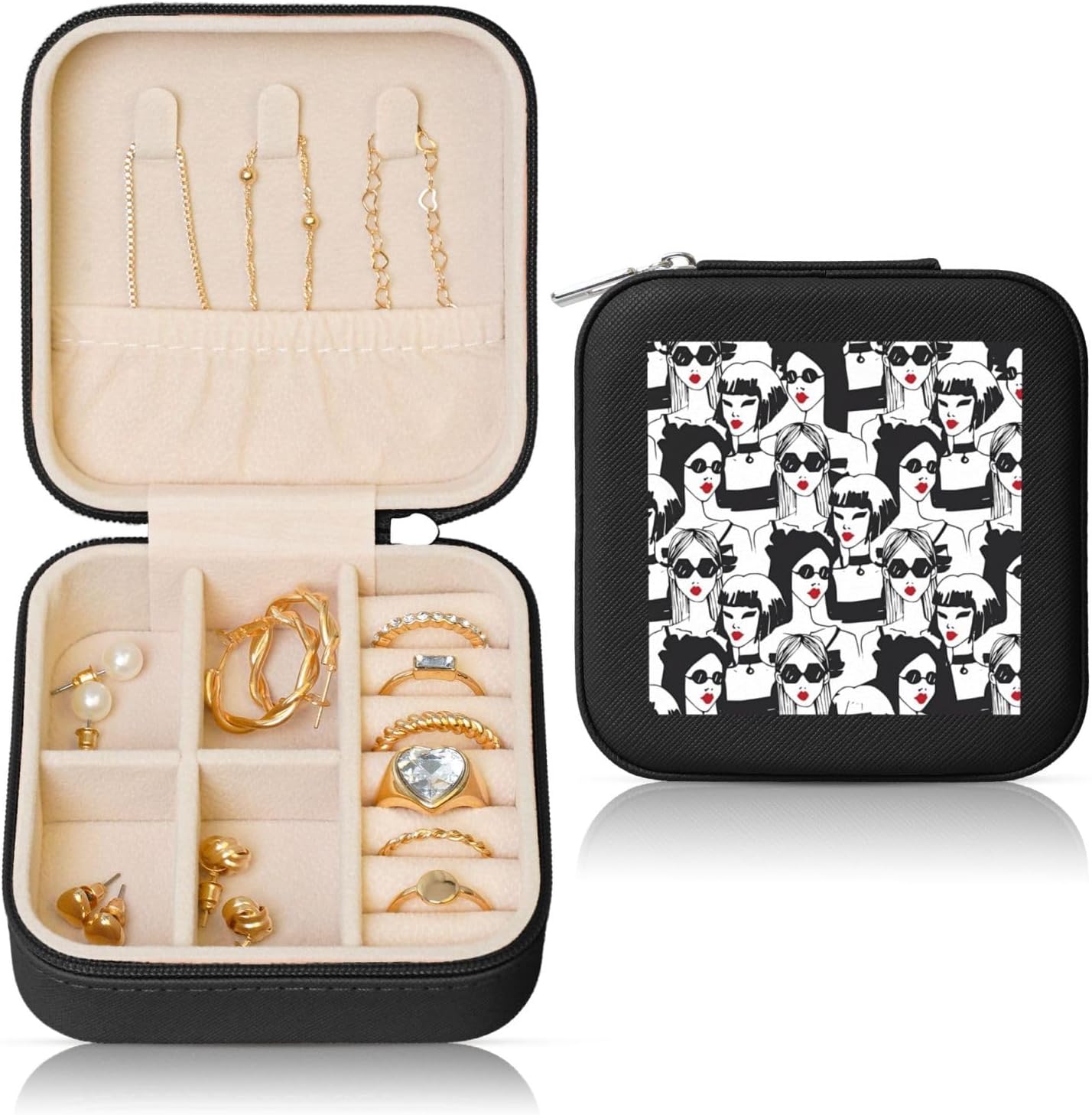 Black Square Leather Jewelry Box – Portable Women Sunglasses Print Storage for Women, Ideal Geburtstag & Valentinstag Gift