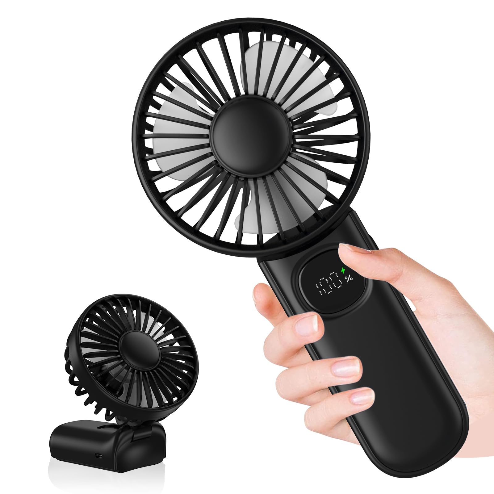 CNMTCCO Portable Handheld Fan Rechargeable with 5 Speeds, LED Display, Foldable Desk Fan, Electric USB Mini Hand Held Fan for Travel Outdoor Office Home Bedroom, Black
