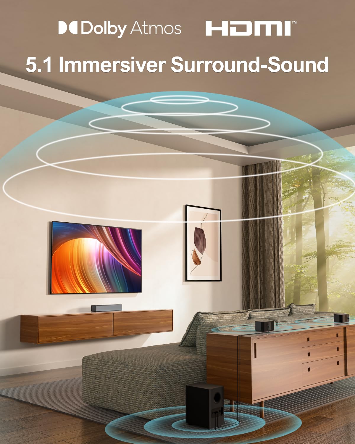 ULTIMEA 5.1 Soundbar mit Dolby Atmos, 3D Surround Sound System, Soundbar für TV Geräte mit Subwoofer, 2 Rear-Lautsprechern, Sound bar Bluetooth® 5.3 mit Einstellbarem Bass, Poseidon D60