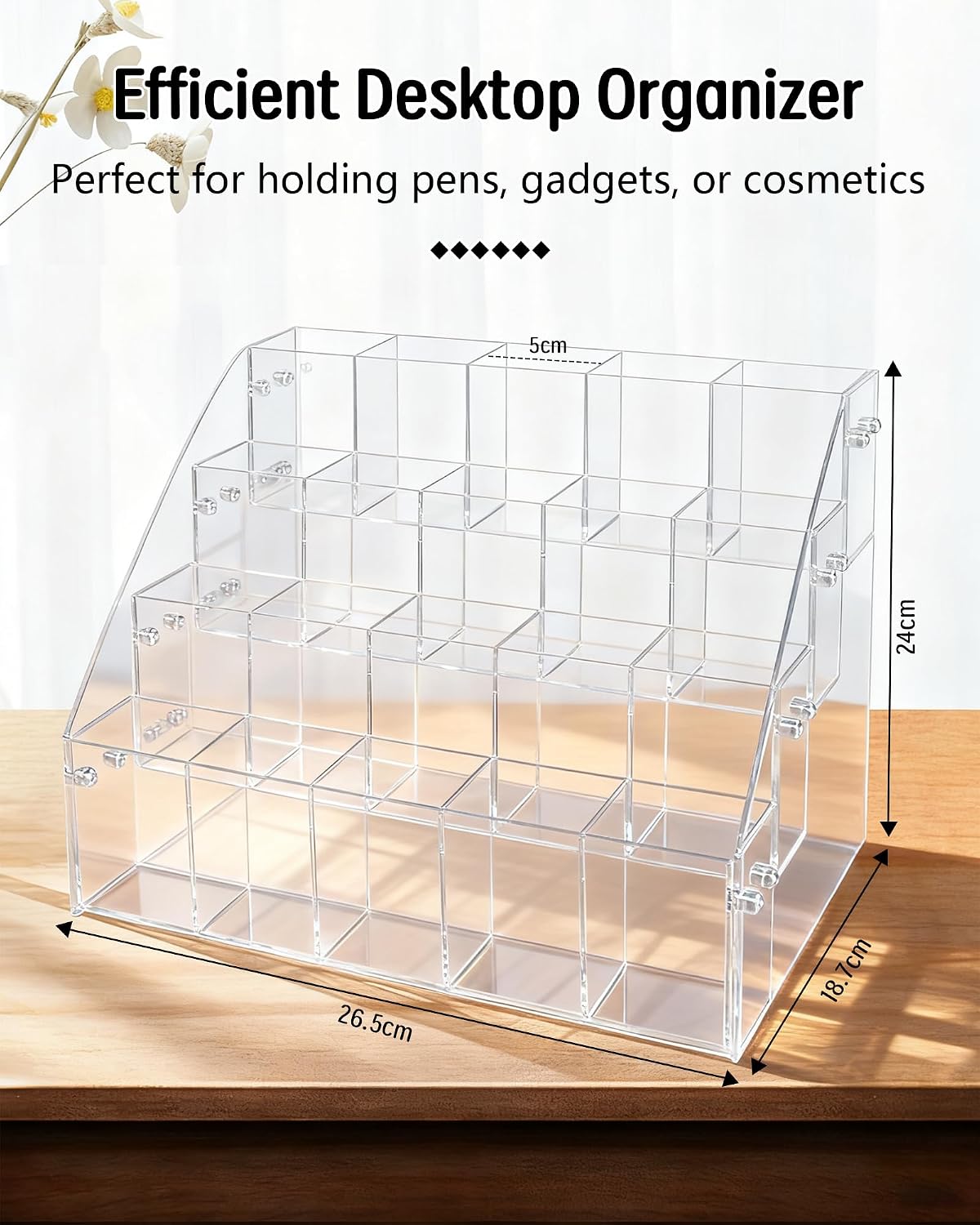 Slanted Acrylic Pencil Holder for Desk, 4 Tier Multi-Compartment Pen Storage Organizer | Clear Desktop Stationary Cup & Brush Display Case with Durable Hardware image 2
