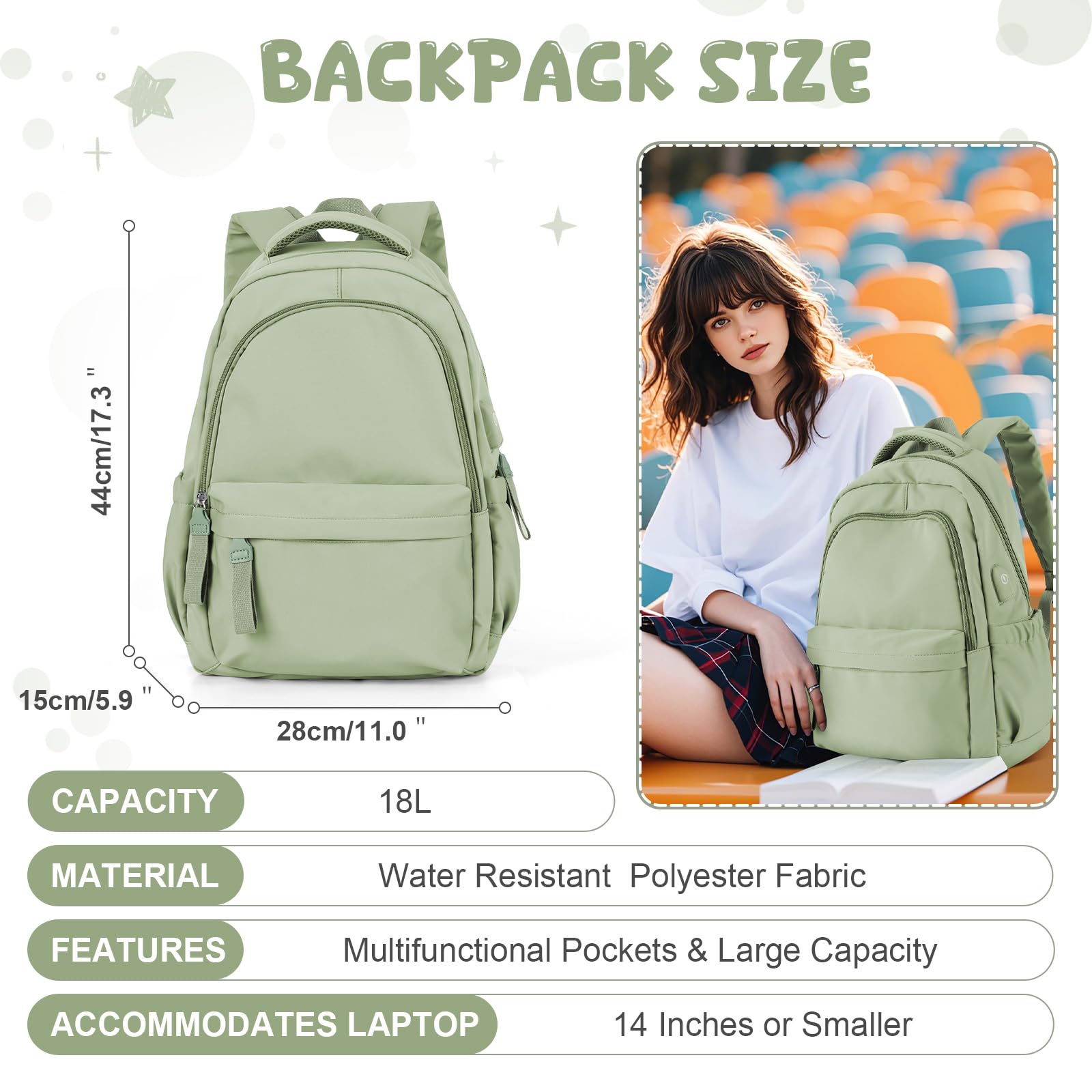 HYC00 Zaino Scuola Superiore Media ragazza Zaini Scolastici zainetto Casual Daypack Backpack Unisex Zaino Università Donna Per PC Portatile 14 Pollici Laptop Bag per Viaggio Lavoro Scuola Affari