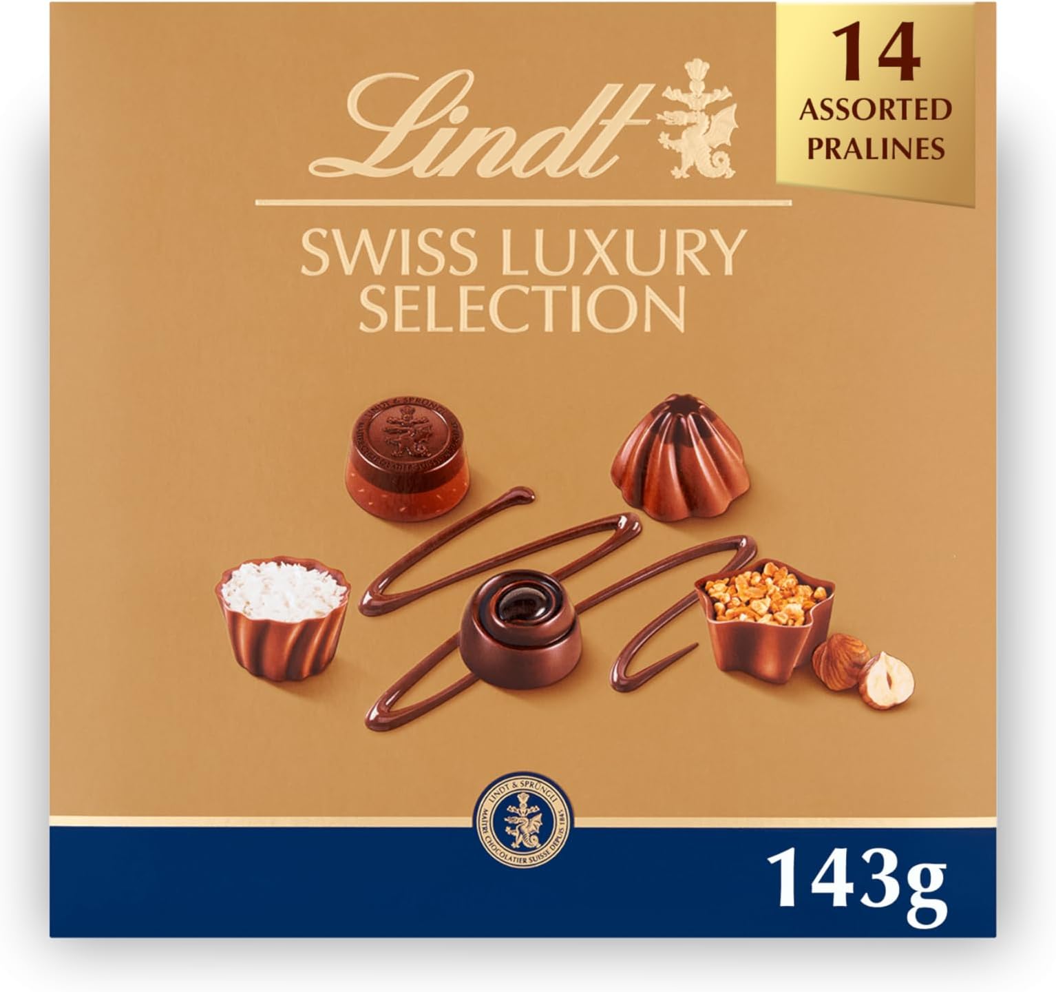 Lindt Swiss Luxury Selection – 143g Small Gift Box – 14 Assorted Pralines – Mothers Day, Easter, Gift for Him & Her