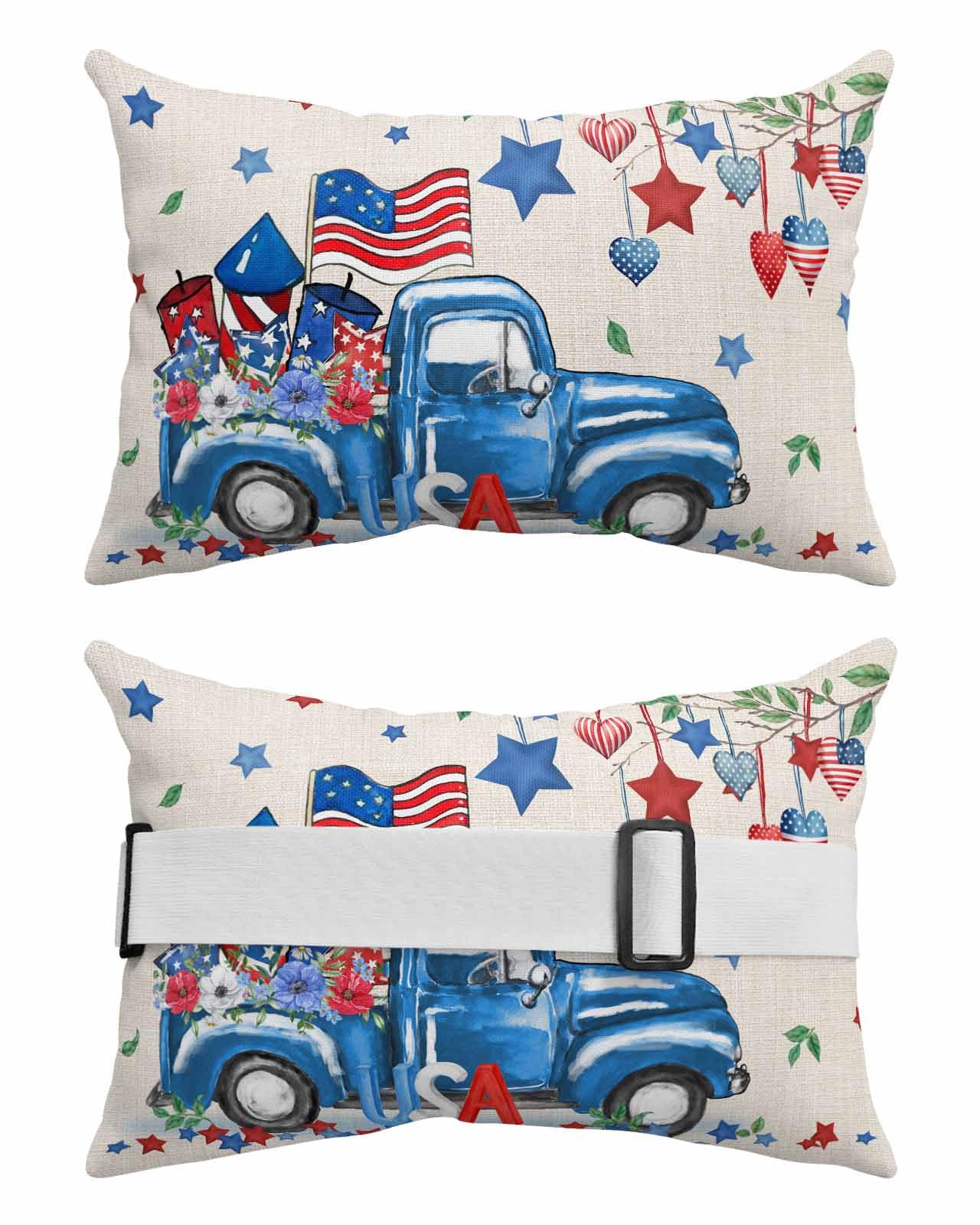 Anzona Pack of 2 Blue 4th of July Lumbar Pillow Covers, Outdoor Waterproof Throw Pillow Covers Set, Spring Floral Red Love Heart Star Rustic Decorative Cushion Case for Patio Beach, 12x20 Inch