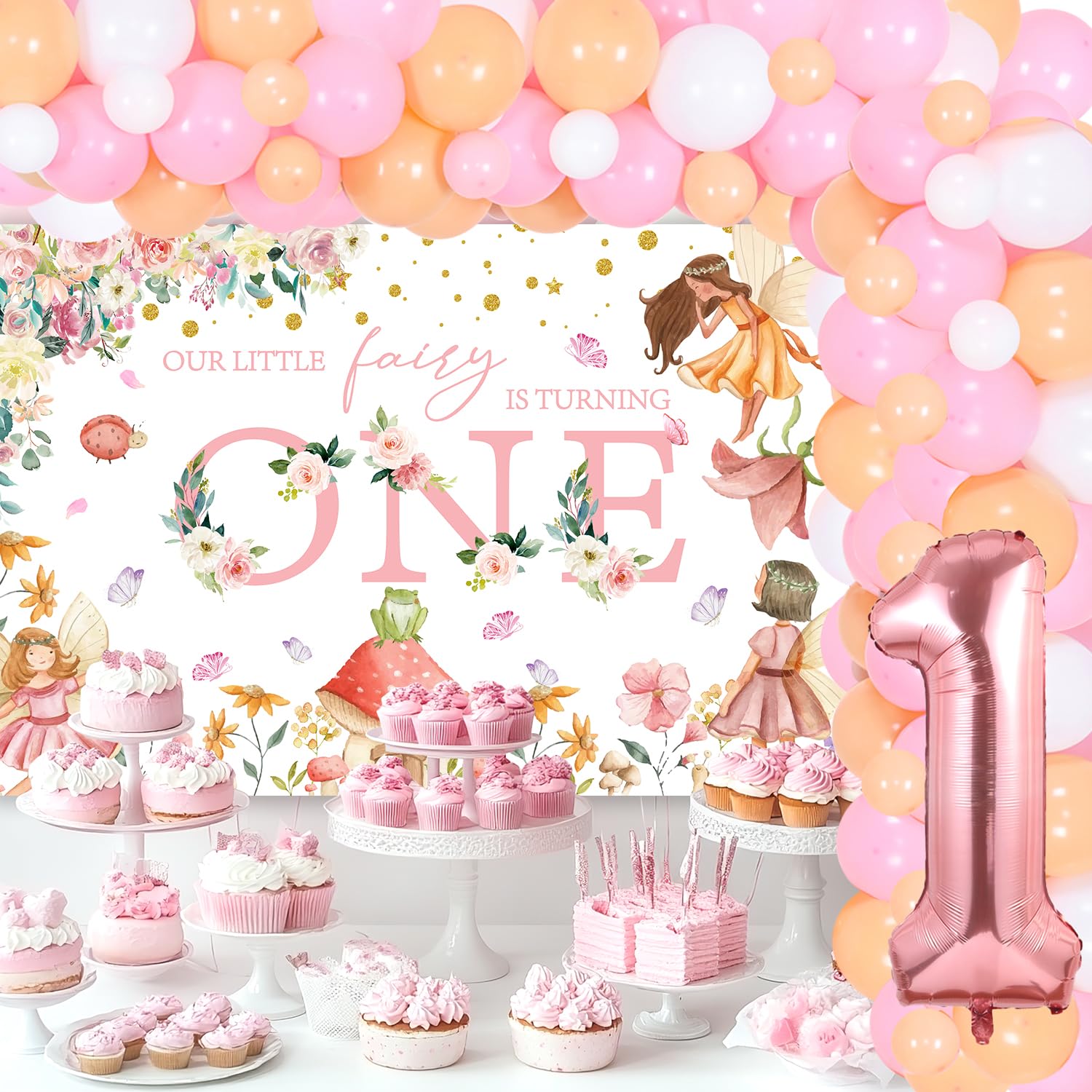 Guirnalda Decorativa Happy Birthday SUNBEAUTY - Tema Hadas Rosa, Con Flores Y Mariposas - Para Fiestas Infantiles, Jardín, Interior