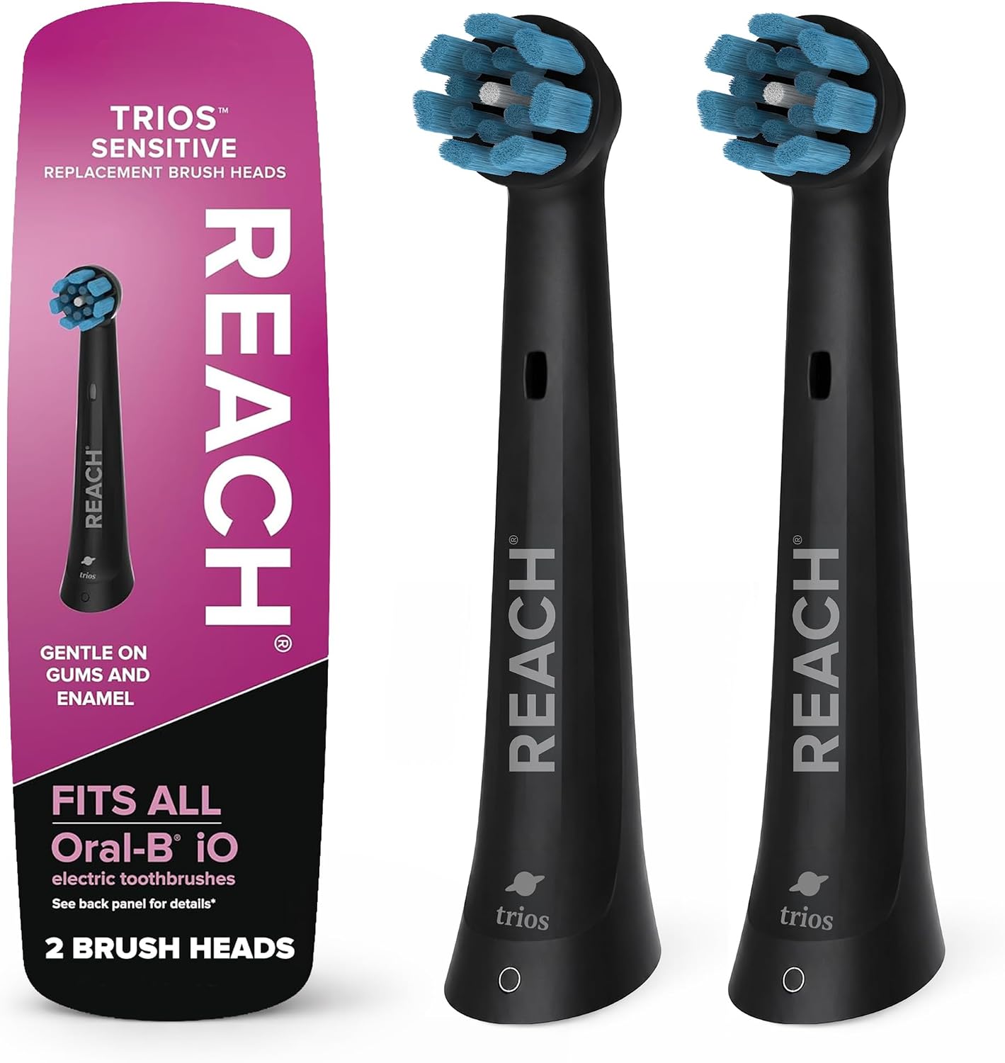 Reach Sensitive Replacement Toothbrush Heads, Black, 2 Ct, Fits All Oral-B iO Electric Toothbrushes, Gentle Triple-Action Ultra-Soft Bristles to Polish Away Stains, Remove Plaque, Care for Gums