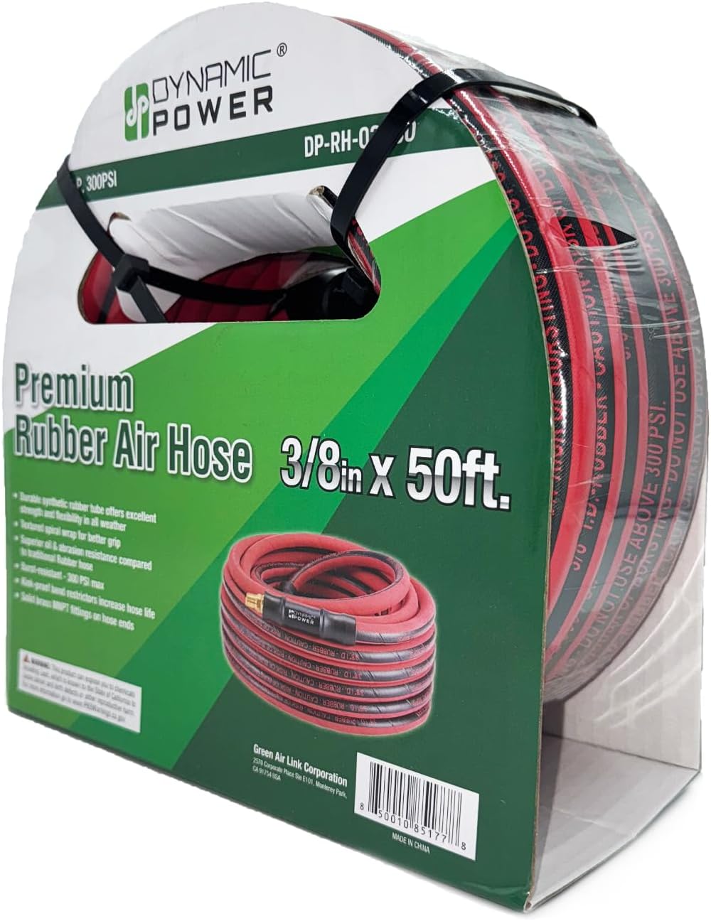 DYNAMIC POWER Premium Heavy-Duty Rubber Air Hose – 3/8" x 50 ft, Red, Flexible, High-Pressure, All-Weather Performance, 300 PSI