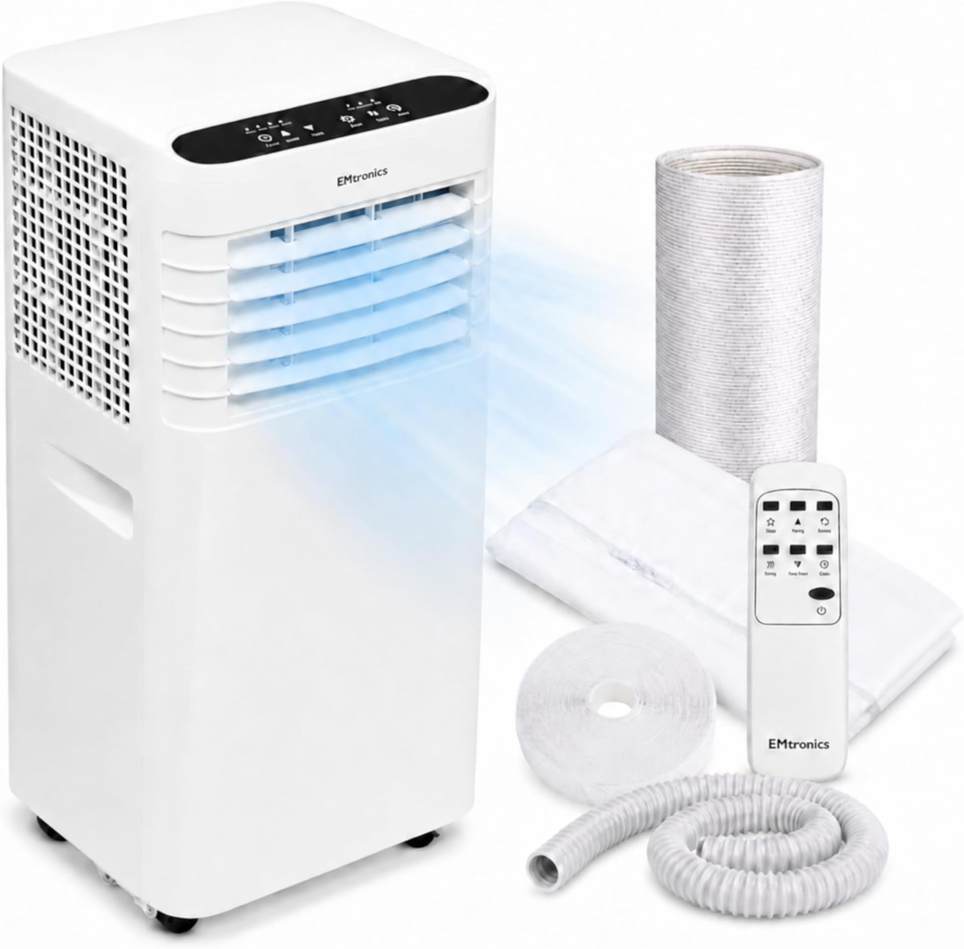 EMtronics 7,000BTU Portable Air Conditioner, Dehumidifier, Sleep Mode and Cooling Fan 4-in-1 with Remote Control, 24 Hour Timer and Air Con Window Vent Kit - White