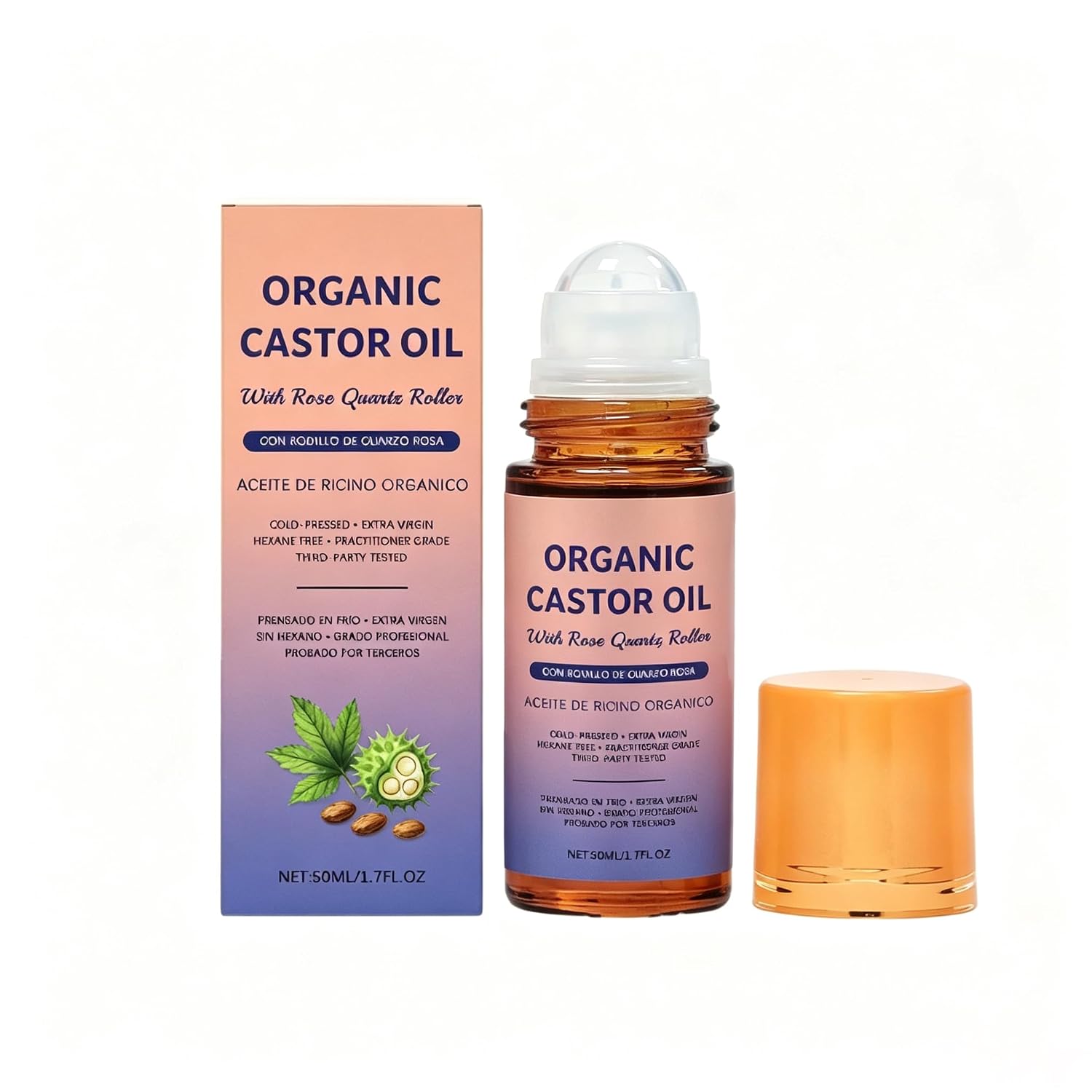 Organic Castor Oil with Rose Quartz Roller, 100% Pure Cold-Pressed Formula for Skin Moisturizing & Hair Care, Hexane-Free. 1.7 Fl Oz