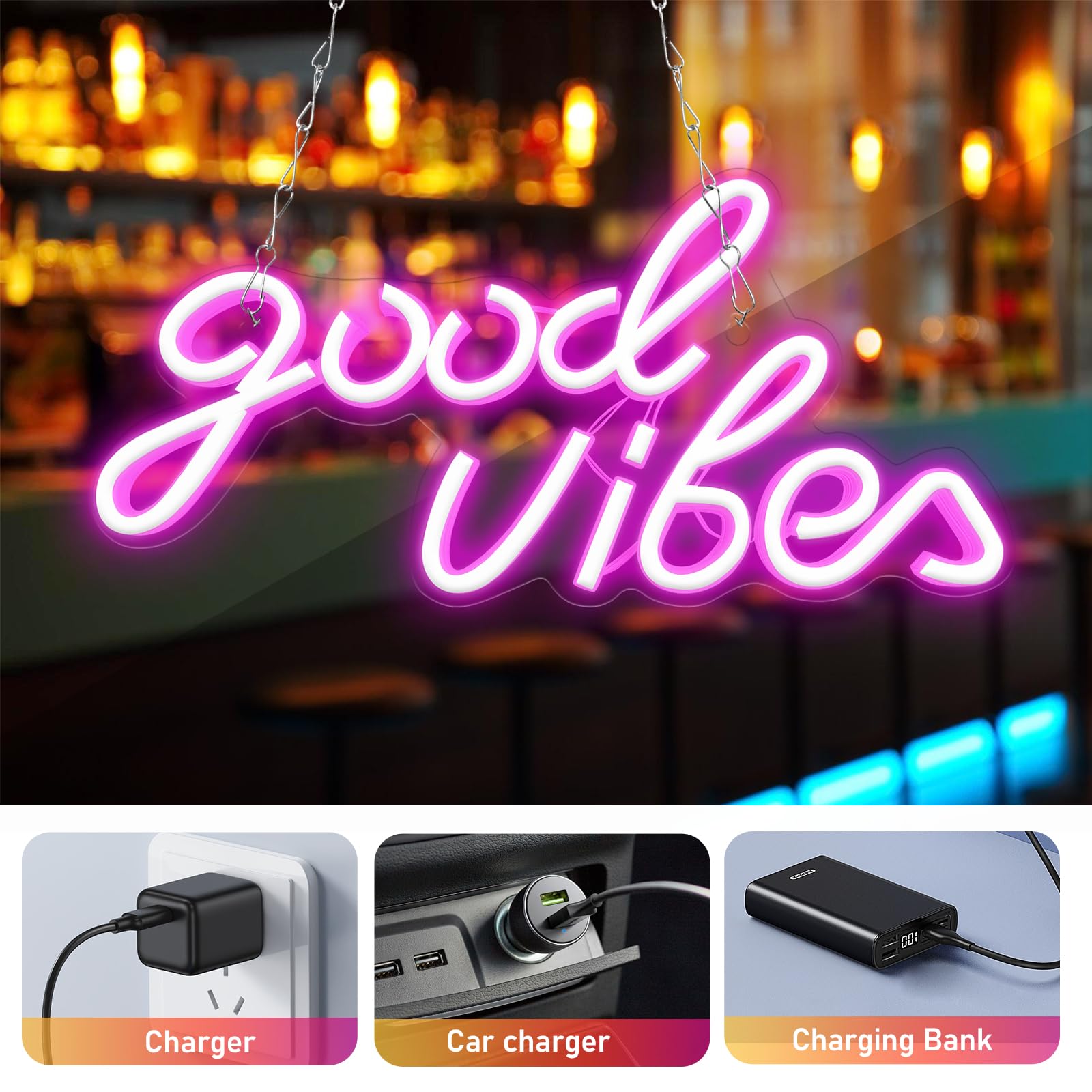Good Vibes - Letrero de neón LED con adaptador de encendido/apagado para decoración de pared, señal de luz de negocios, para bar, salón, cafetería, restaurante, tienda, club, sala de juegos
