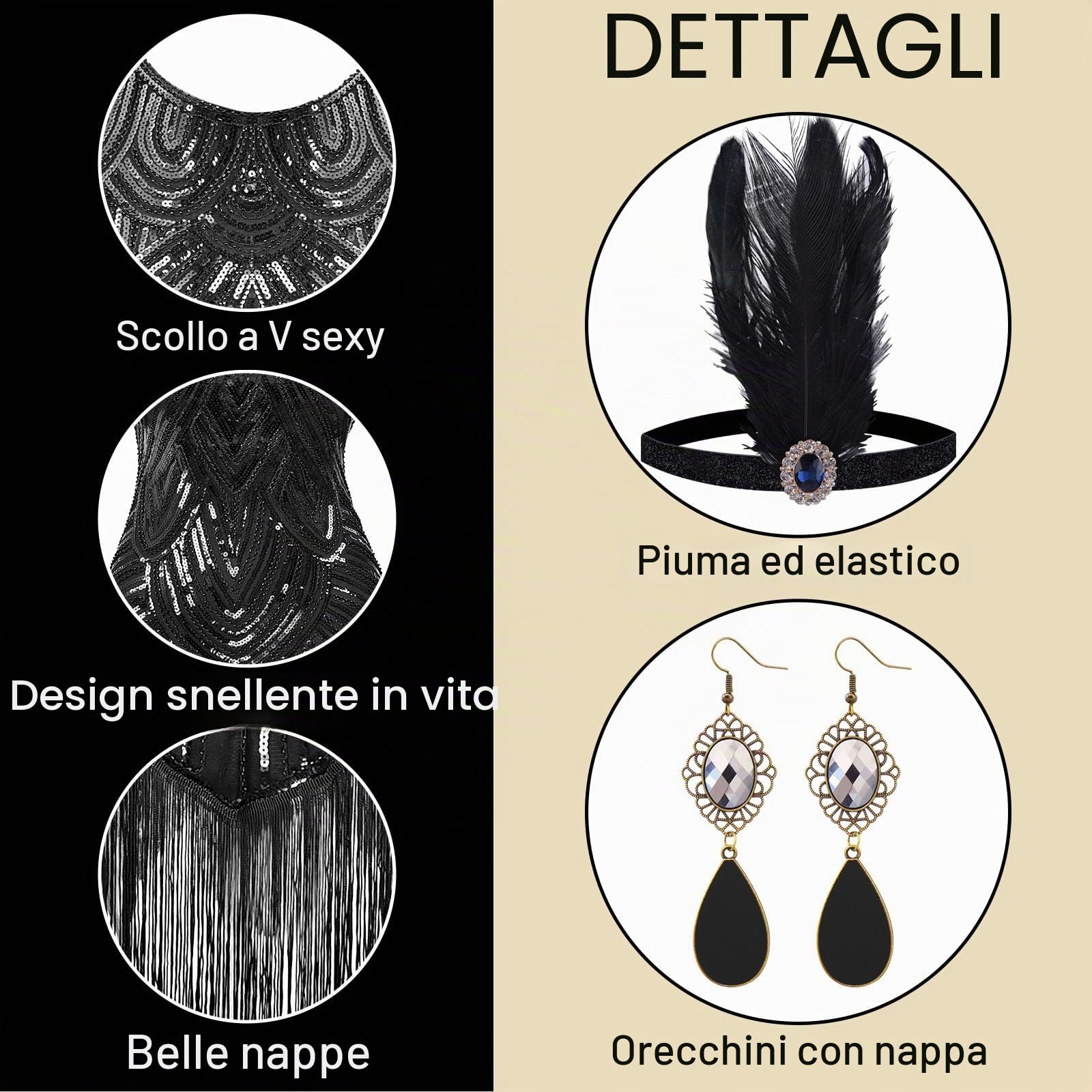PLULON Abito Anni '20 con Paillettes e Frange con Perline e Set di Accessori Anni '20