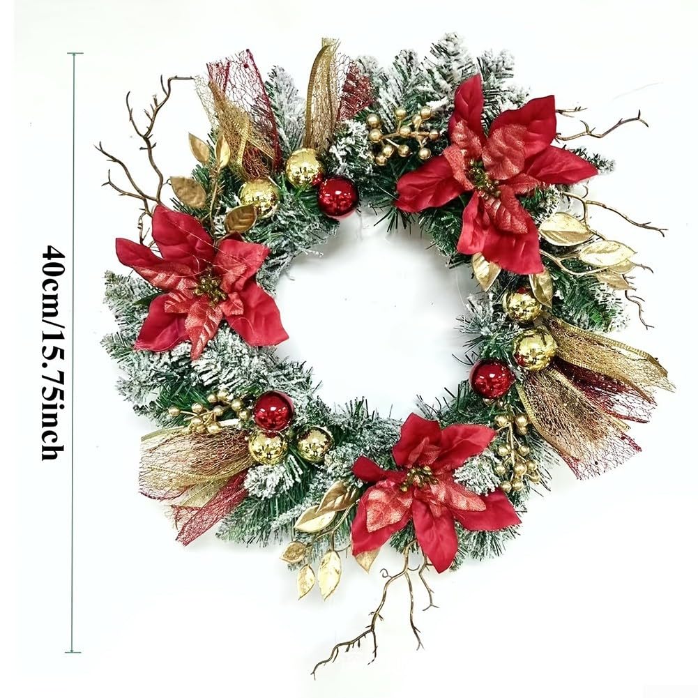 Couronne de Noël lumineuse de 40,6 cm avec poinsettia rouge et pommes de pin dorées à paillettes pour décoration de porte, mur, cheminée