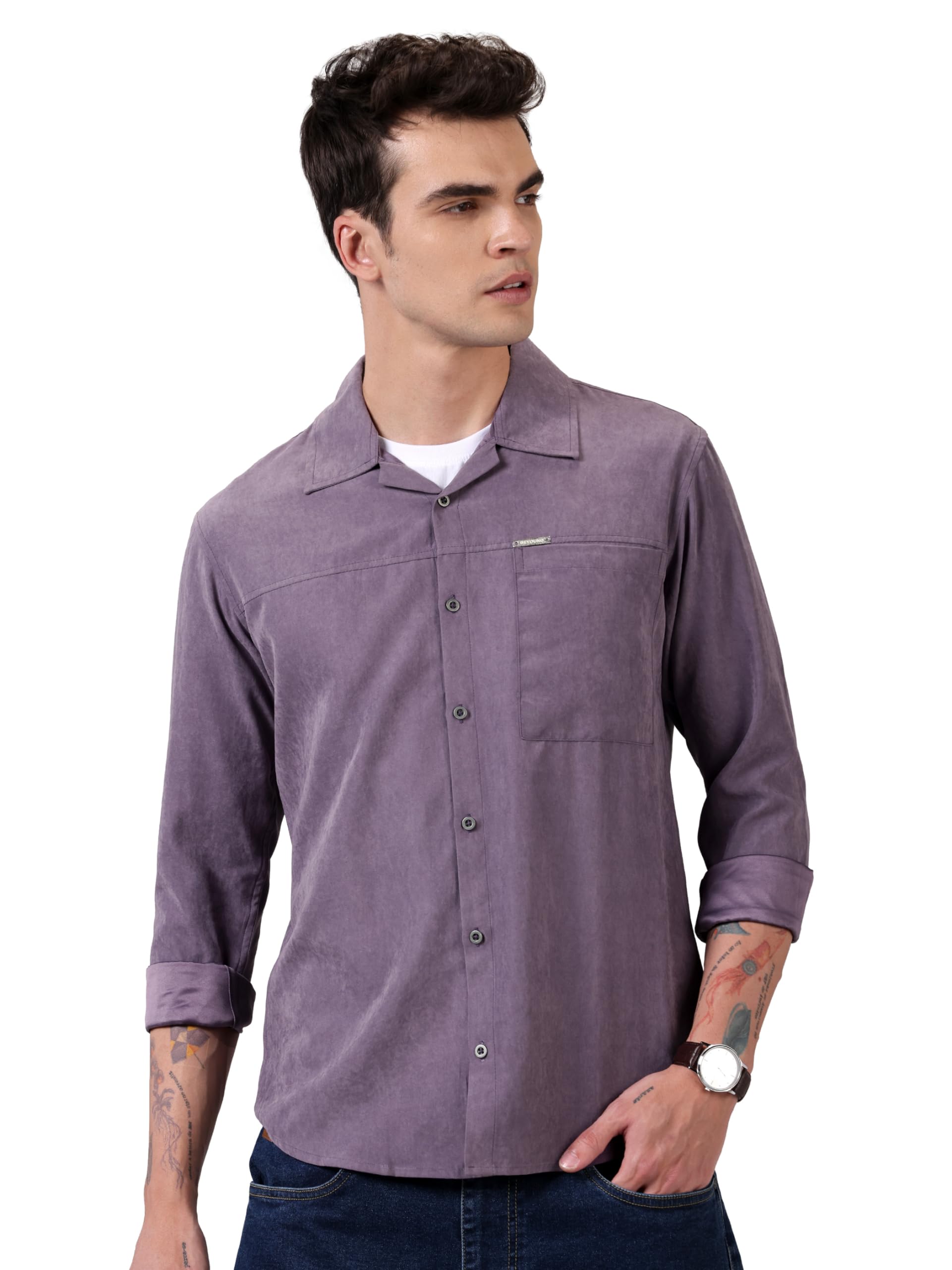 BEYOUNG Violet Solid Suede Urban Shirt for Men