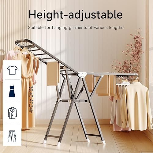 Miniatura 3 de MIKEE Estante de secado de ropa, de acero inoxidable, plegable, para uso en interiores y exteriores, con alas de altura ajustable, 2 niveles con