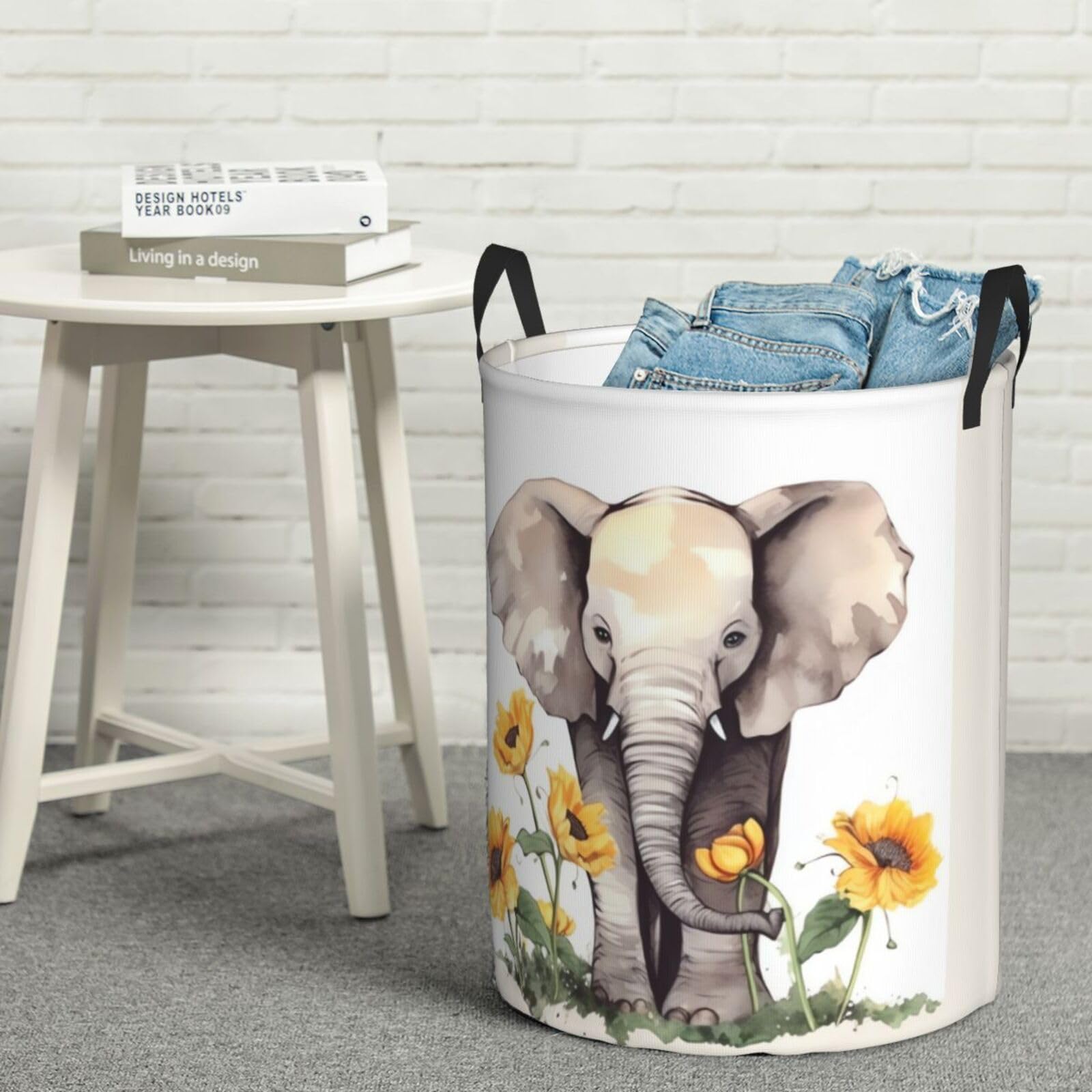 Fodpand Black Elephant And Sunflower Laundry Basket With Handle, Freestanding Laundry Hamper, Collapsible Dirty Clothes Hamper, Waterproof Fabric Blanket Storage Basket Tall Toy Storage Bin Room Decor Small