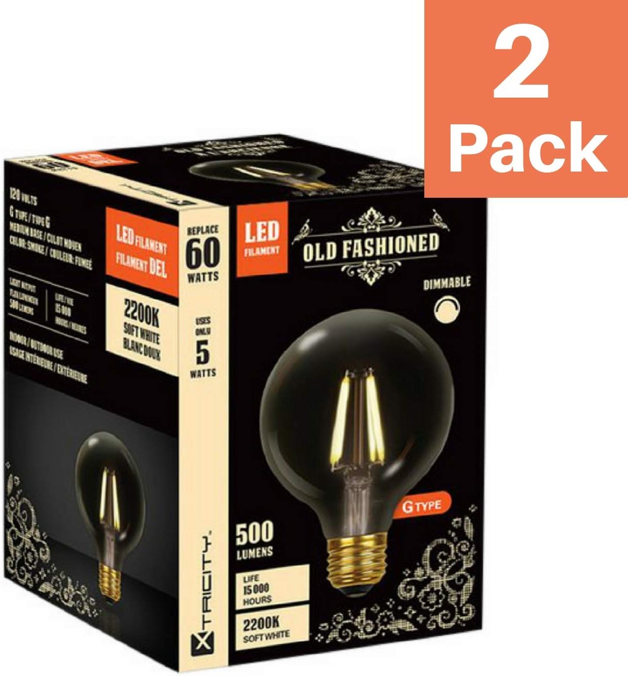 Buу 1 gеt 1 Vintage Globe LED Filament Bulb, Edison Style, Dimmable, 5W (60 Watt Equivalent), G40, E26 Medium Base, 2200k Soft White, 500 Lumens, UL Listed, 2 Pack