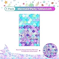 Vista 4 de 1 mantel de sirena – Mantel de sirena de feliz cumpleaños, mantel rectangular de plástico desechable con diseño de sirenas para decoración