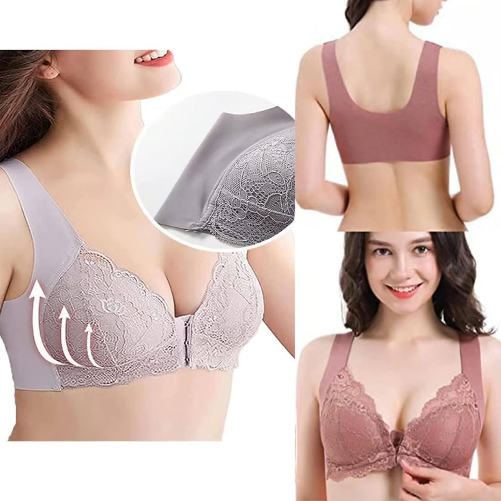 Reggiseno Push-up Senza Ferretto con Chiusura Frontale for Donne Anziane, Anti-cedimento in Pizzo Fodera