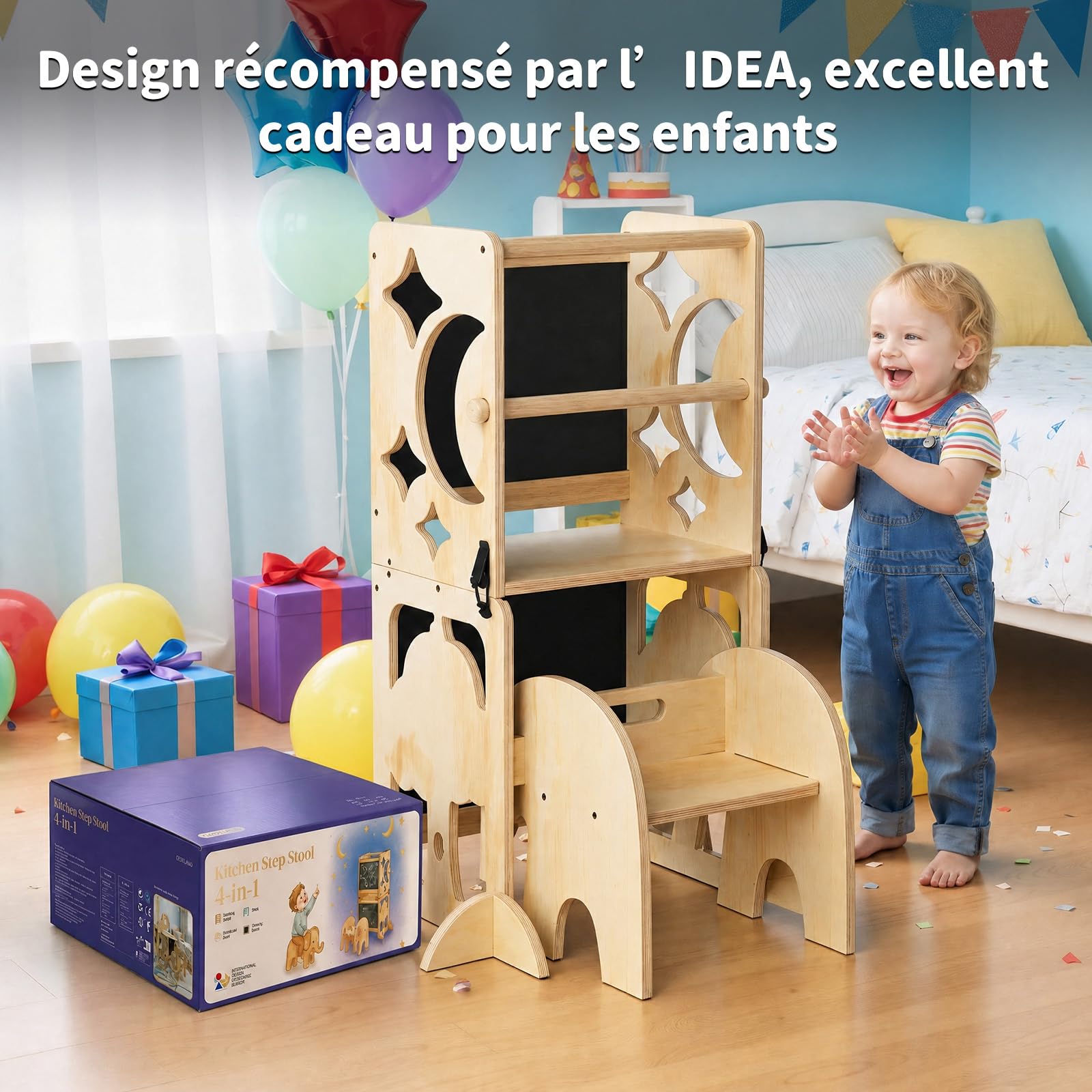 COSYLAND Tour d’Observation Enfant,Tour d’Observation Montessori 3 en 1, Tour d’Apprentissage Enfant Pliable avec Tableau, Tour Observation bébé pour Cuisine, Table et Salle de Bain – Naturel