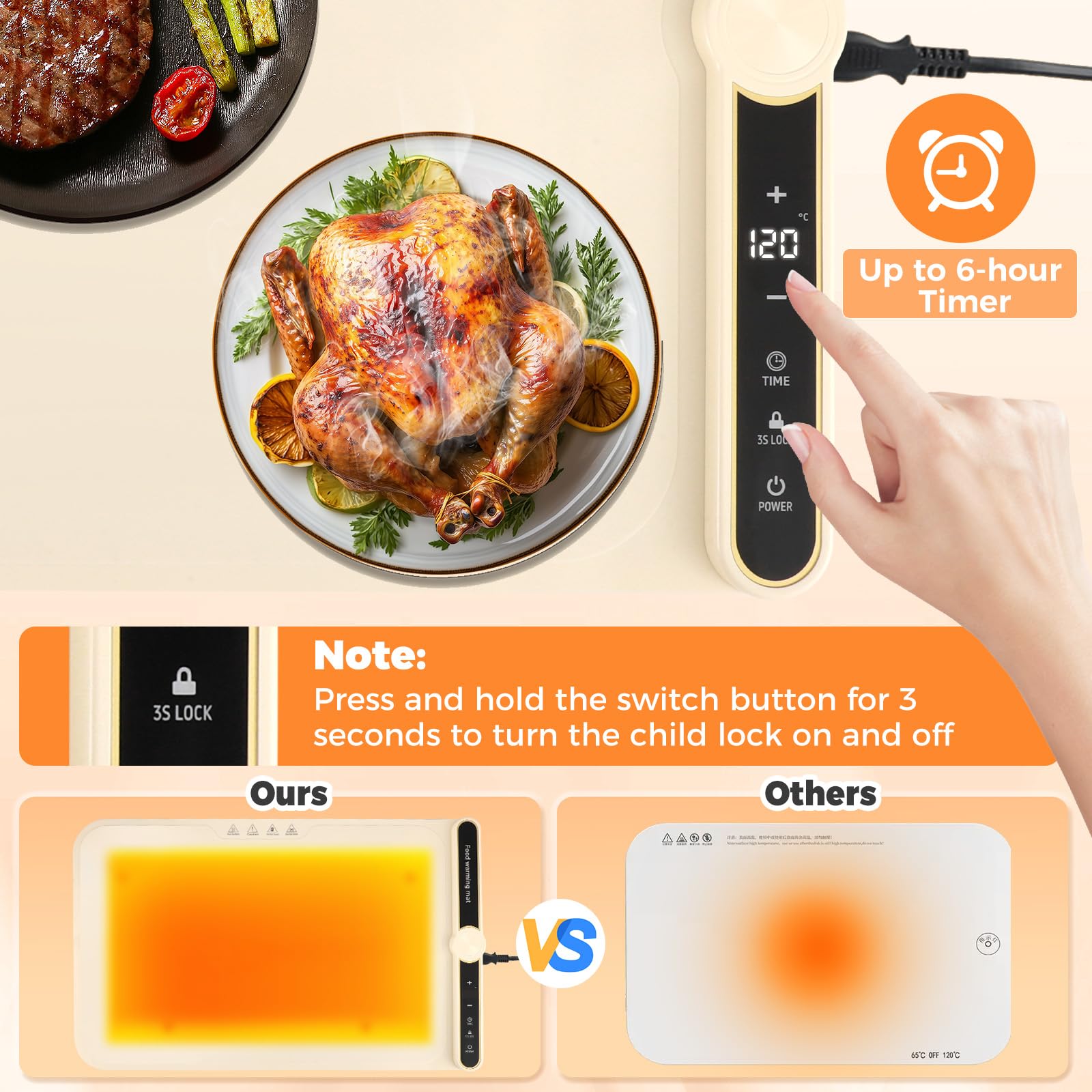 Bandeja Calefactora Plegable, Silicona Placa Calentadora Portátil, 40-120 °C Calentador de Alimentos con 9 Ajustes de Temperatura para Bufés, Familia, Fiestas, Eventos, Oficina 60 x 38 cm (Beige)