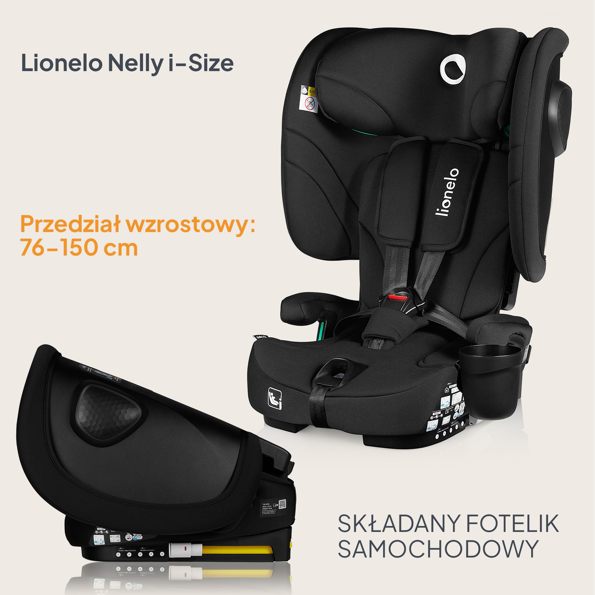 LIONELO Składany fotelik samochodowy Nelly I-Size z ISOFIX dla dzieci ok. 76-150 cm, ochrona boczna paska TT, skierowany do przodu i do tyłu, regulowany zagłówek i oparcie (czarny, 50 x 45 x 58 cm)