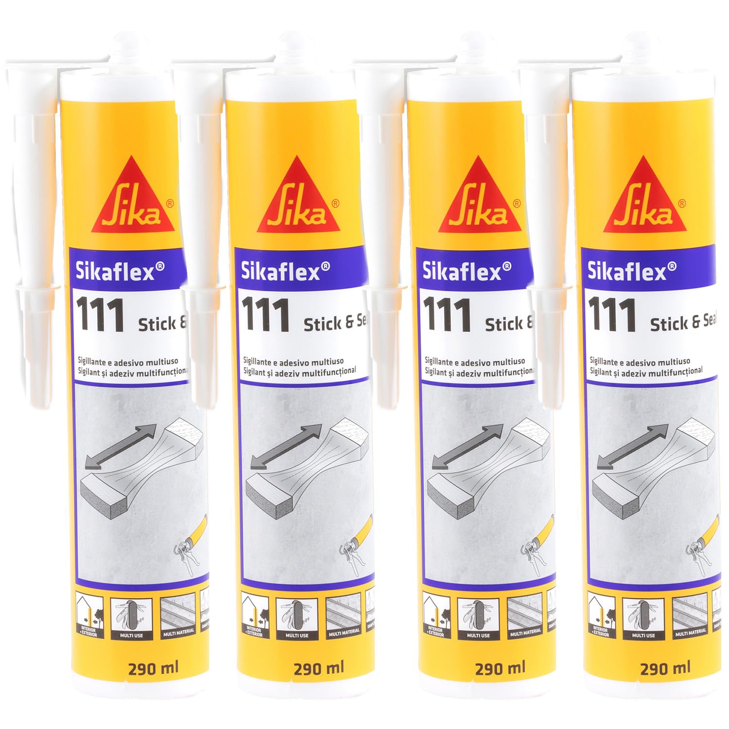 Sikaflex-111 Stick & Seal, Blanco, Adhesivo y sellador flexible, masilla multiuso,juntas interiores y exteriores, 290ml (Paquete de 4)